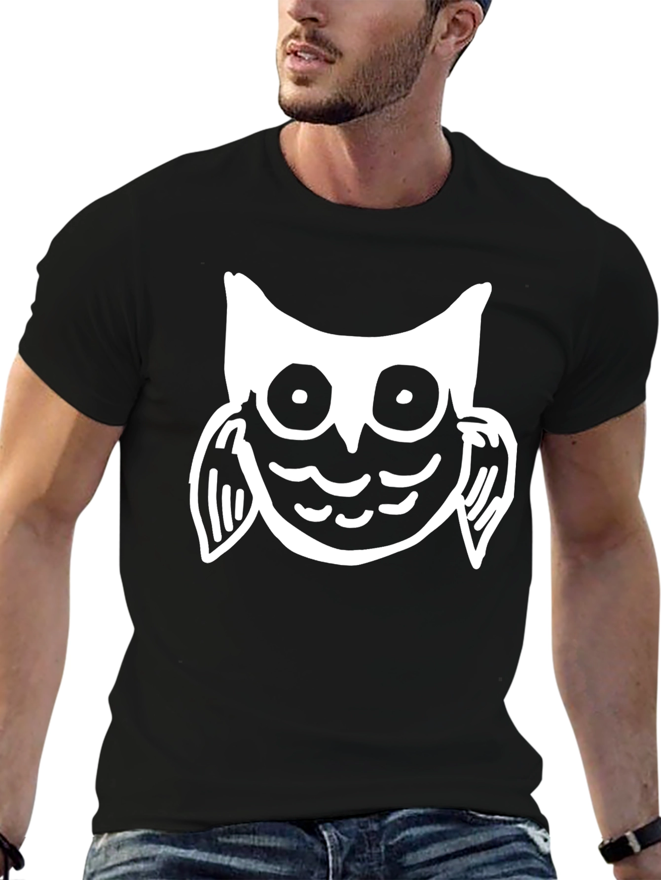 Black Owl Graphic Print Black Crew Neck T-Shirt view 6