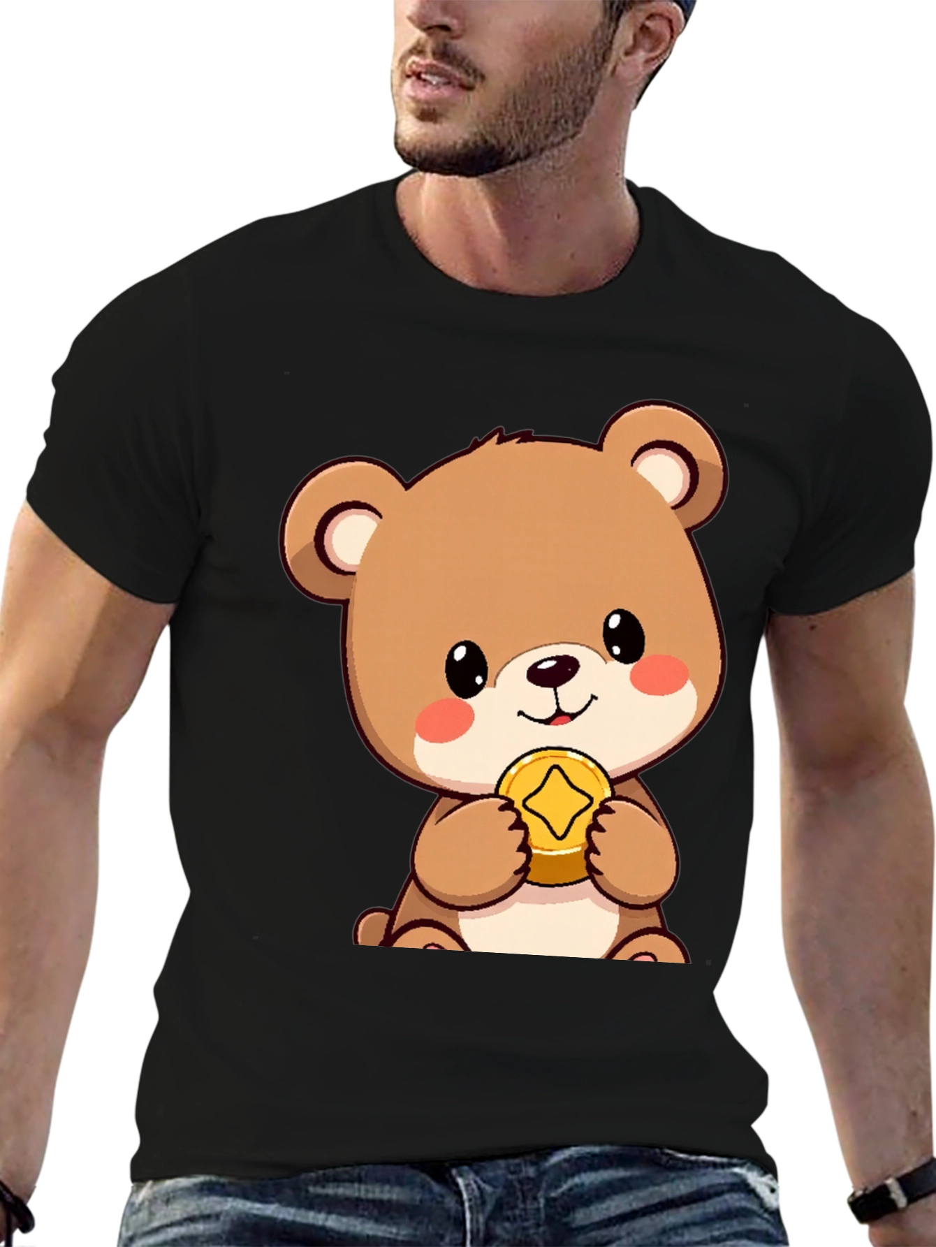 Black Cute Bear with Coin Black T-Shirt view 6