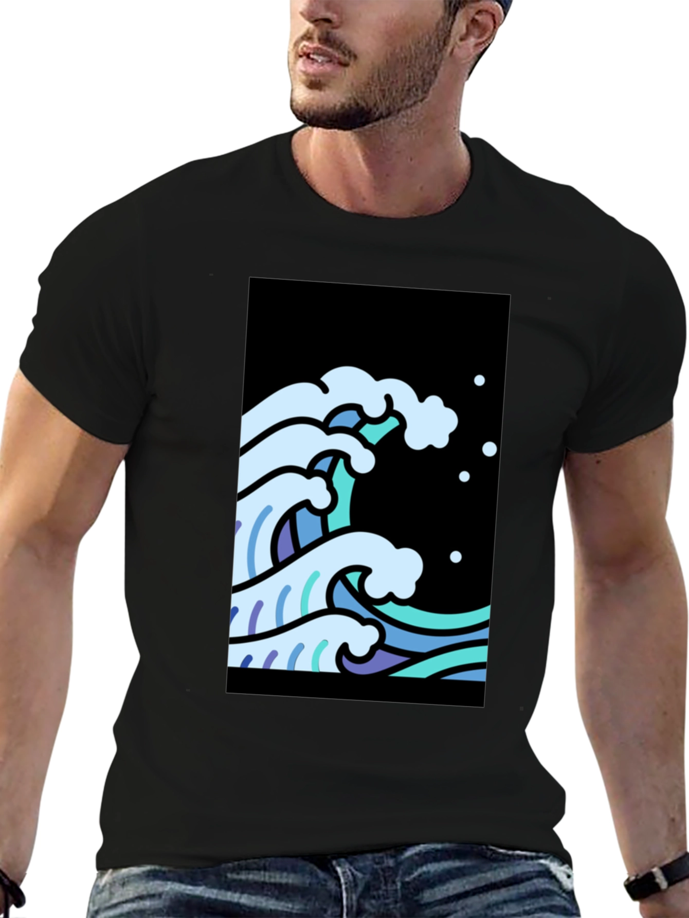 Black Cool Waves Graphic Tee - Black Cotton T-Shirt view 6