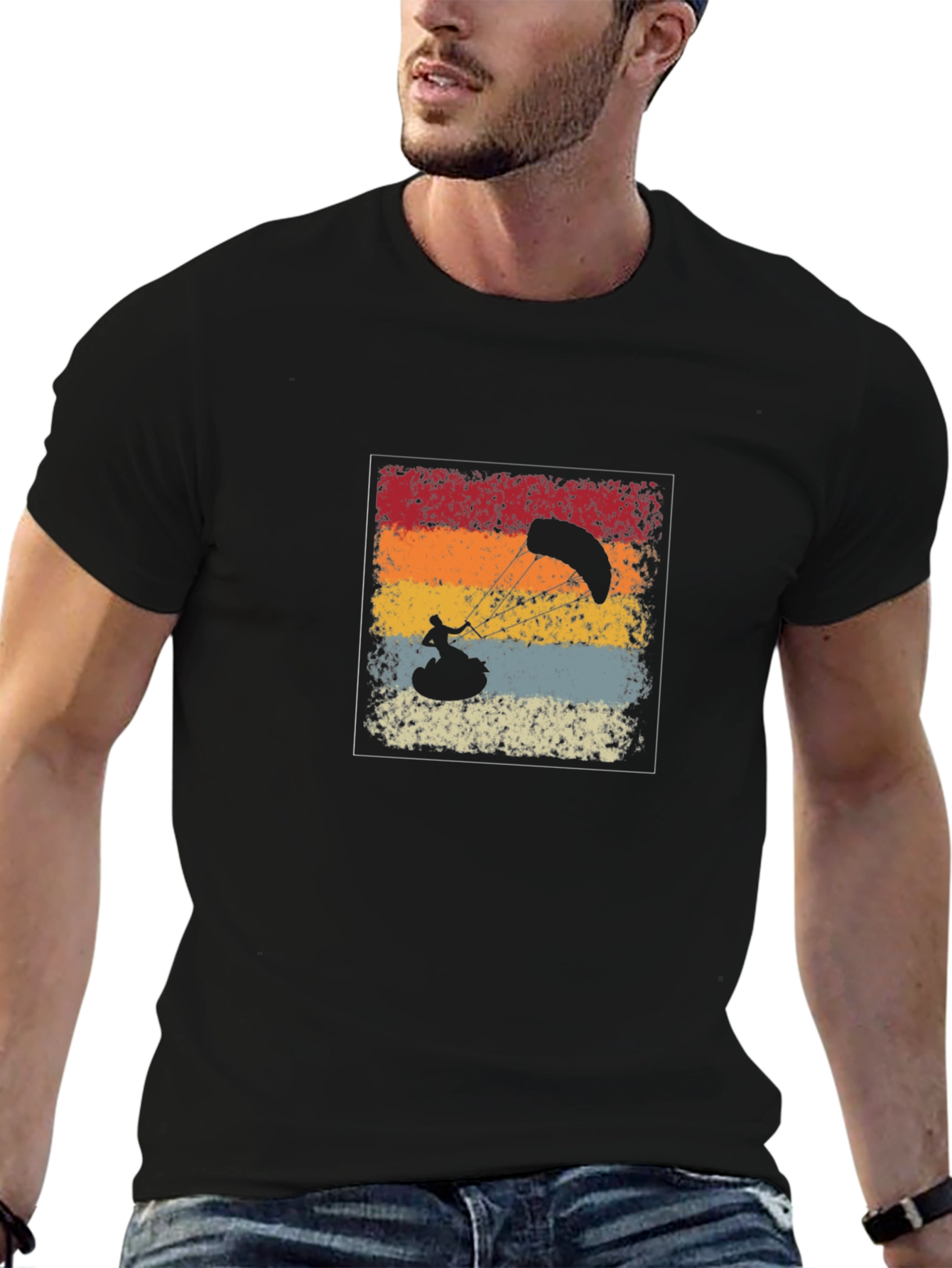 Black Retro Kite Surfing T-Shirt: Vintage Style Tee view 6