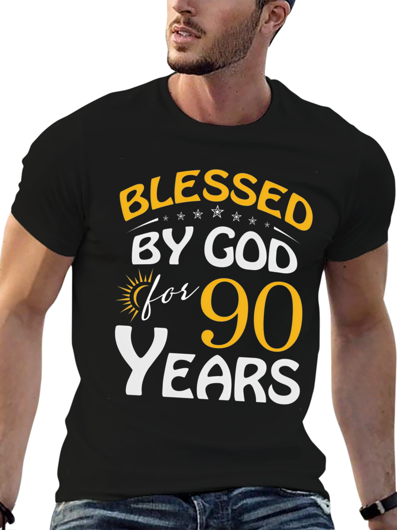 Black Blessed by God 90 Years T-Shirt view 6