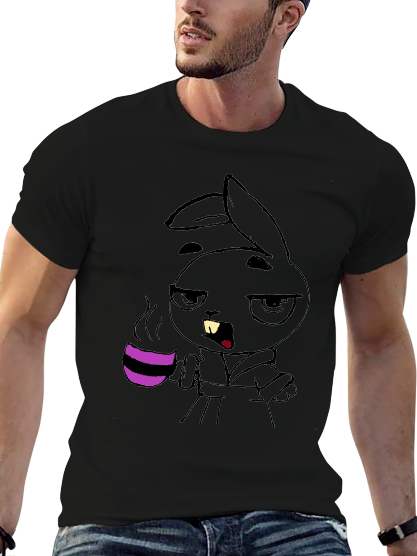 Black Grumpy Bunny Coffee T-Shirt - Black Cotton Tee view 6