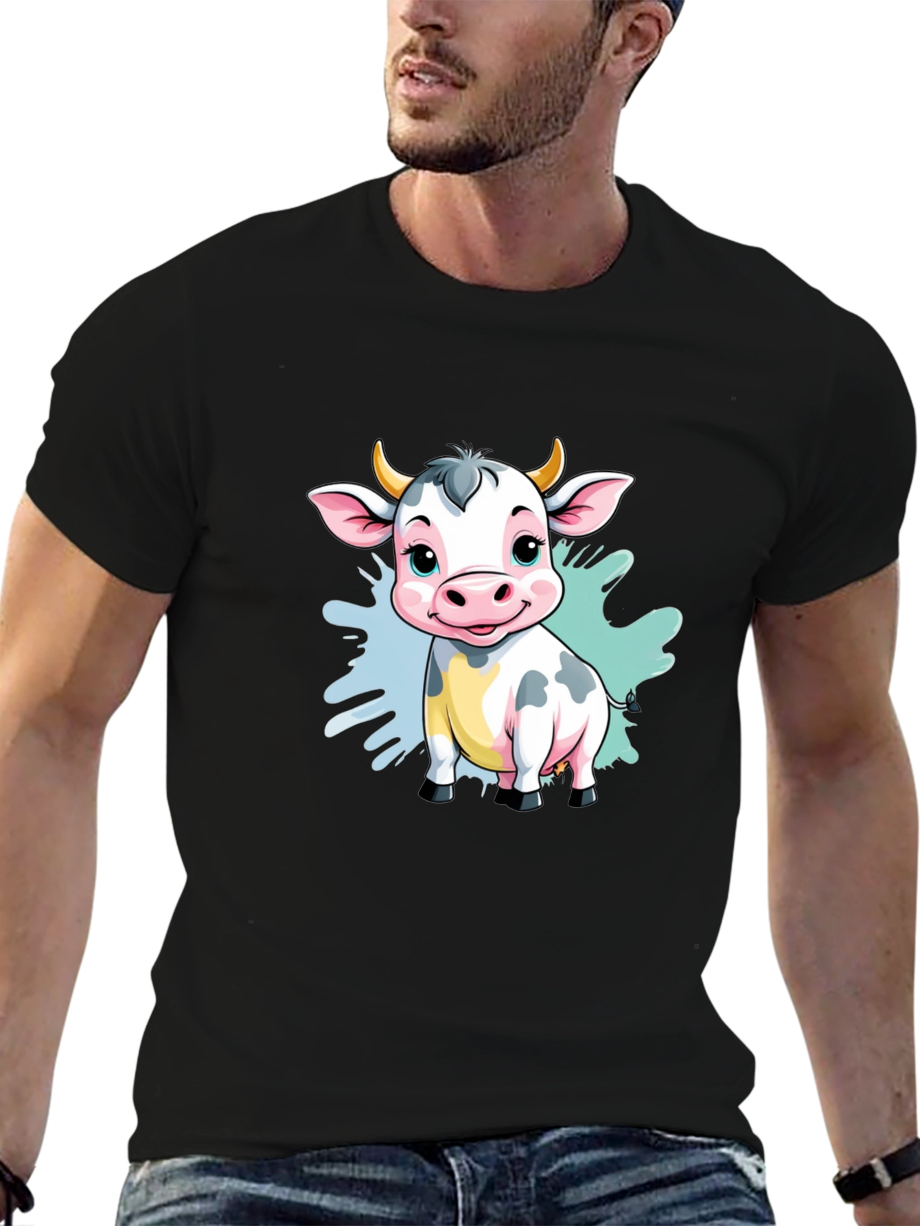 Black Cute Cartoon Cow Black T-Shirt view 6