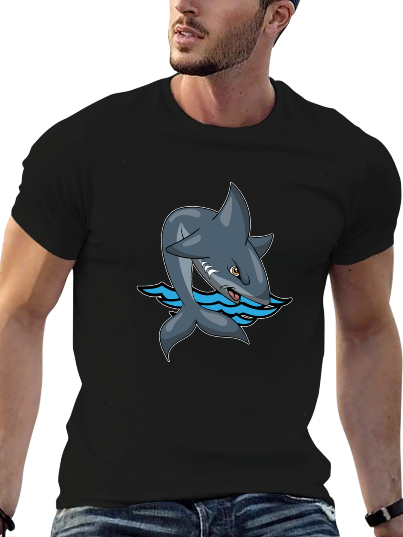 Black Cartoon Shark Graphic Tee - Black Cotton Comfort view 6
