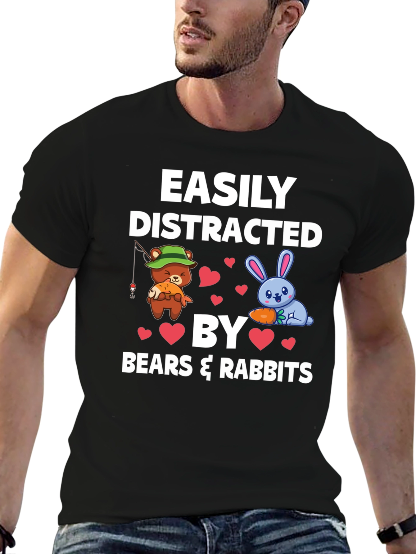 Black Easily Distracted by Bears & Rabbits T-Shirt view 6