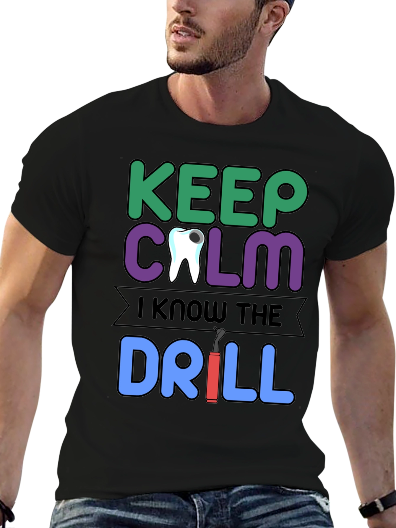 Black Keep Calm Dentist T-Shirt Funny Dental Drill Tee view 6