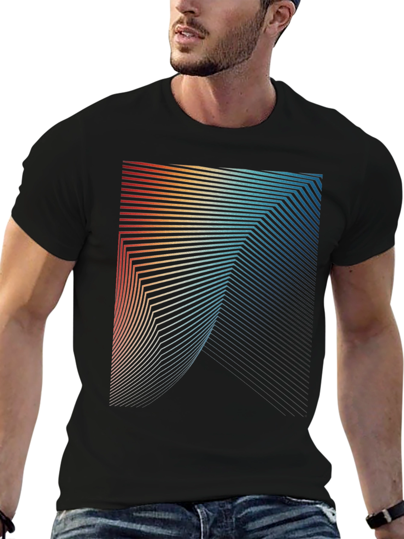Black Retro Geometric Lines Graphic T-Shirt view 6