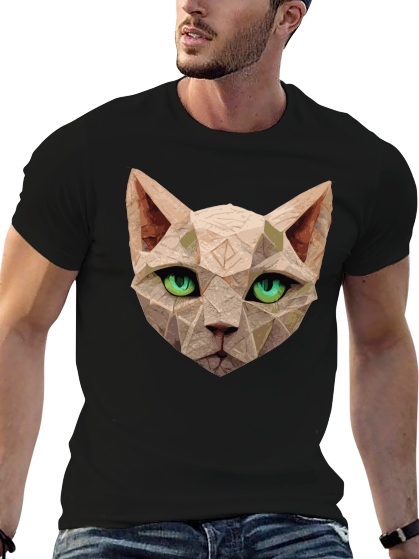 Black Geometric Cat T-Shirt - Unique Art Tee view 6