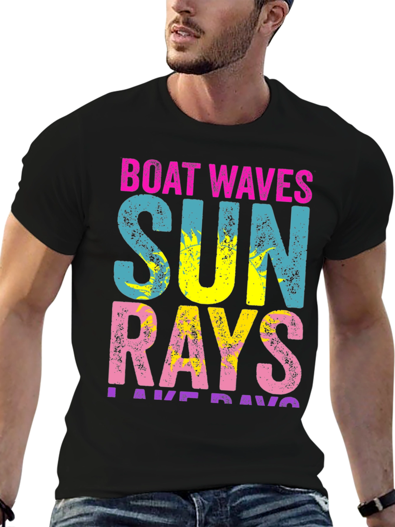Black Boat Waves Sun Rays T-Shirt - Vibrant Summer Tee view 6