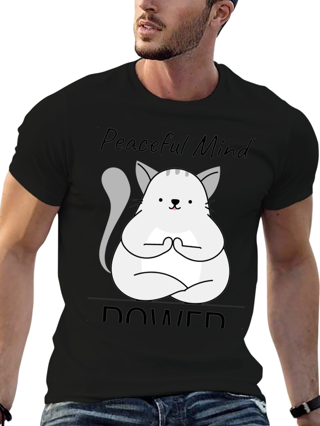 Black Peaceful Mind Power Cat T-Shirt view 6