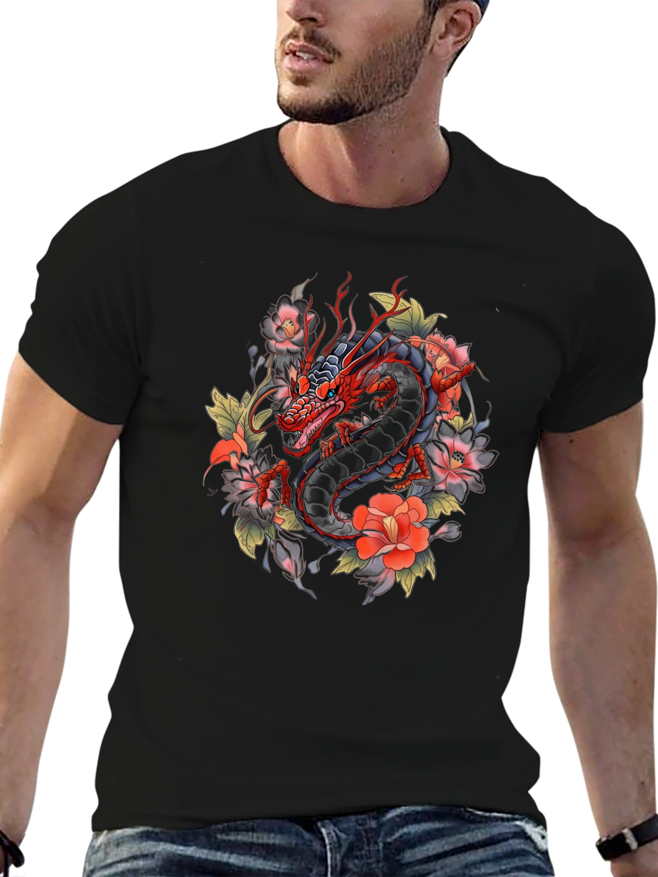 Black Dragon and Floral Graphic Tee - Black Cotton Blend view 6