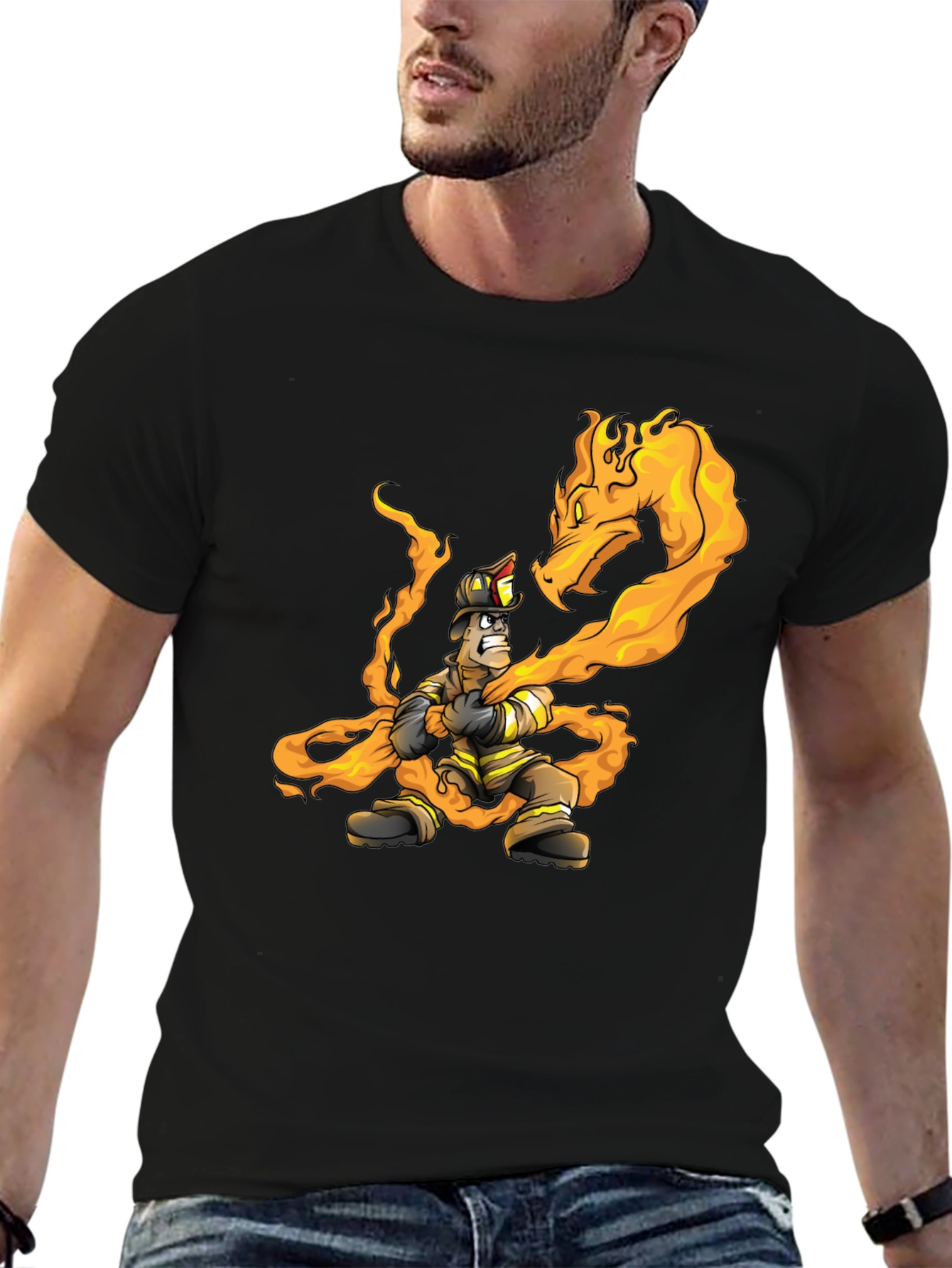 Black Firefighter vs Dragon Graphic T-Shirt - Cool Design view 6