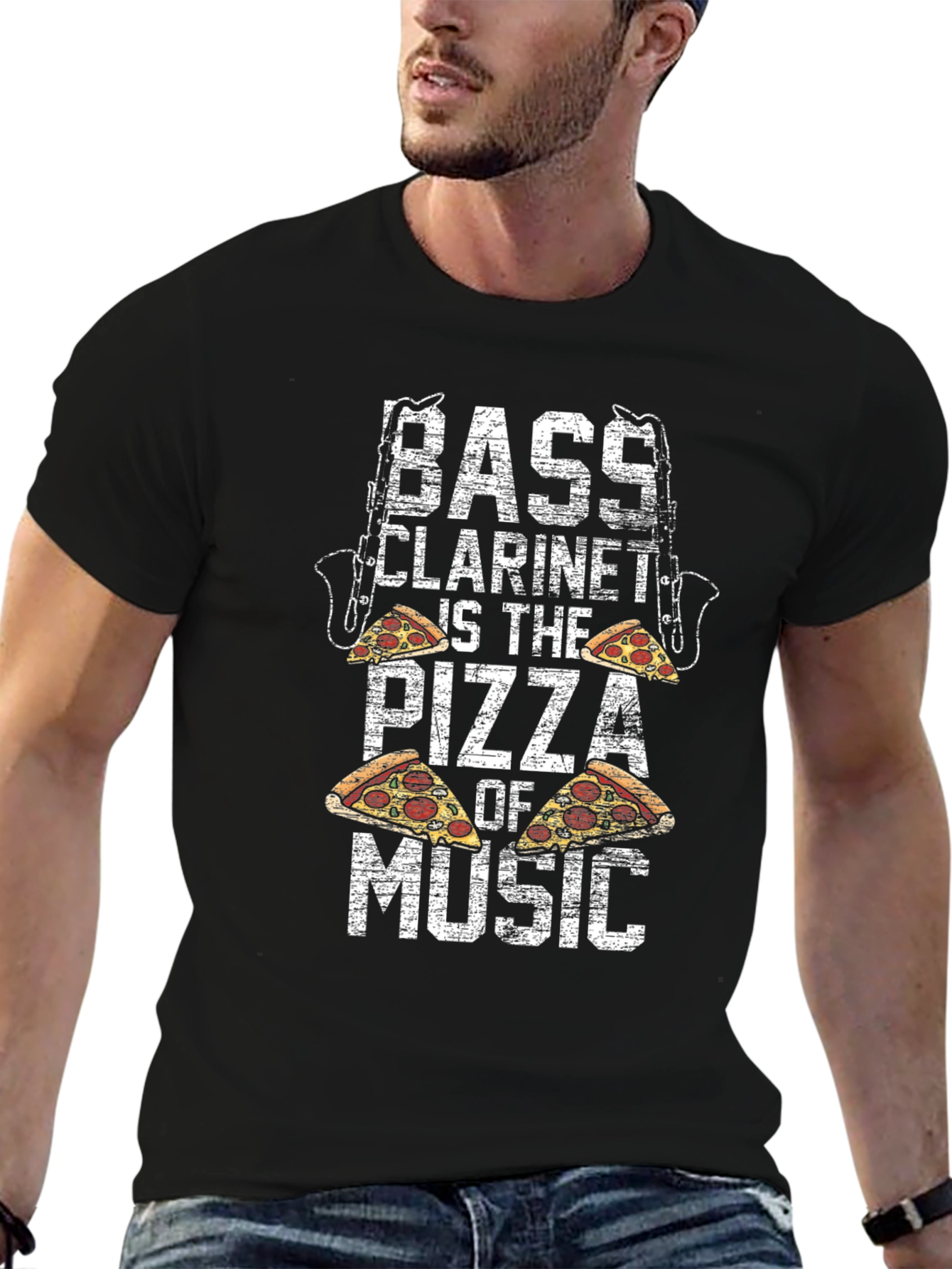 Black Bass Clarinet Pizza Music Black T-Shirt view 6