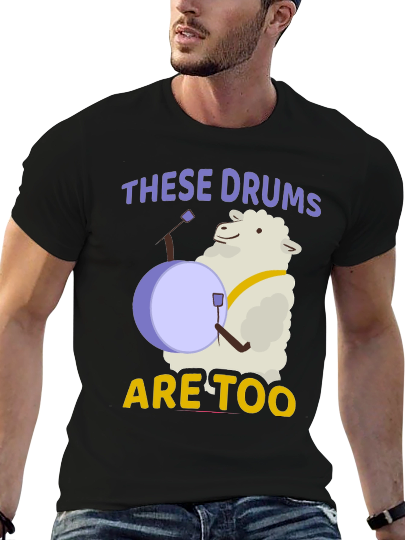 Black Funny Sheep Drummer T-Shirt - "These Drums are Too" view 6