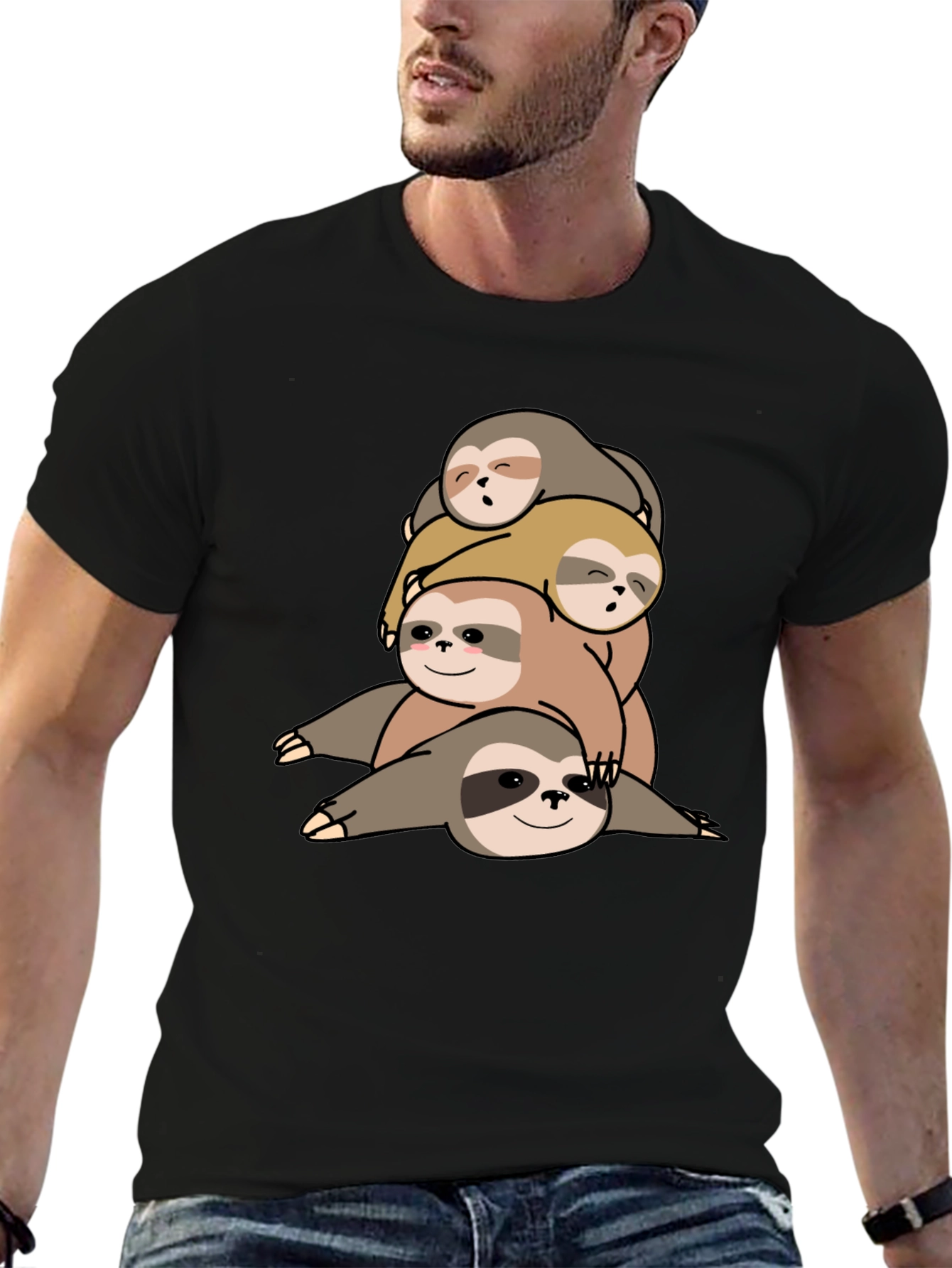 Black Stacked Sloth Graphic Tee - Comfy Men's T-Shirt view 6