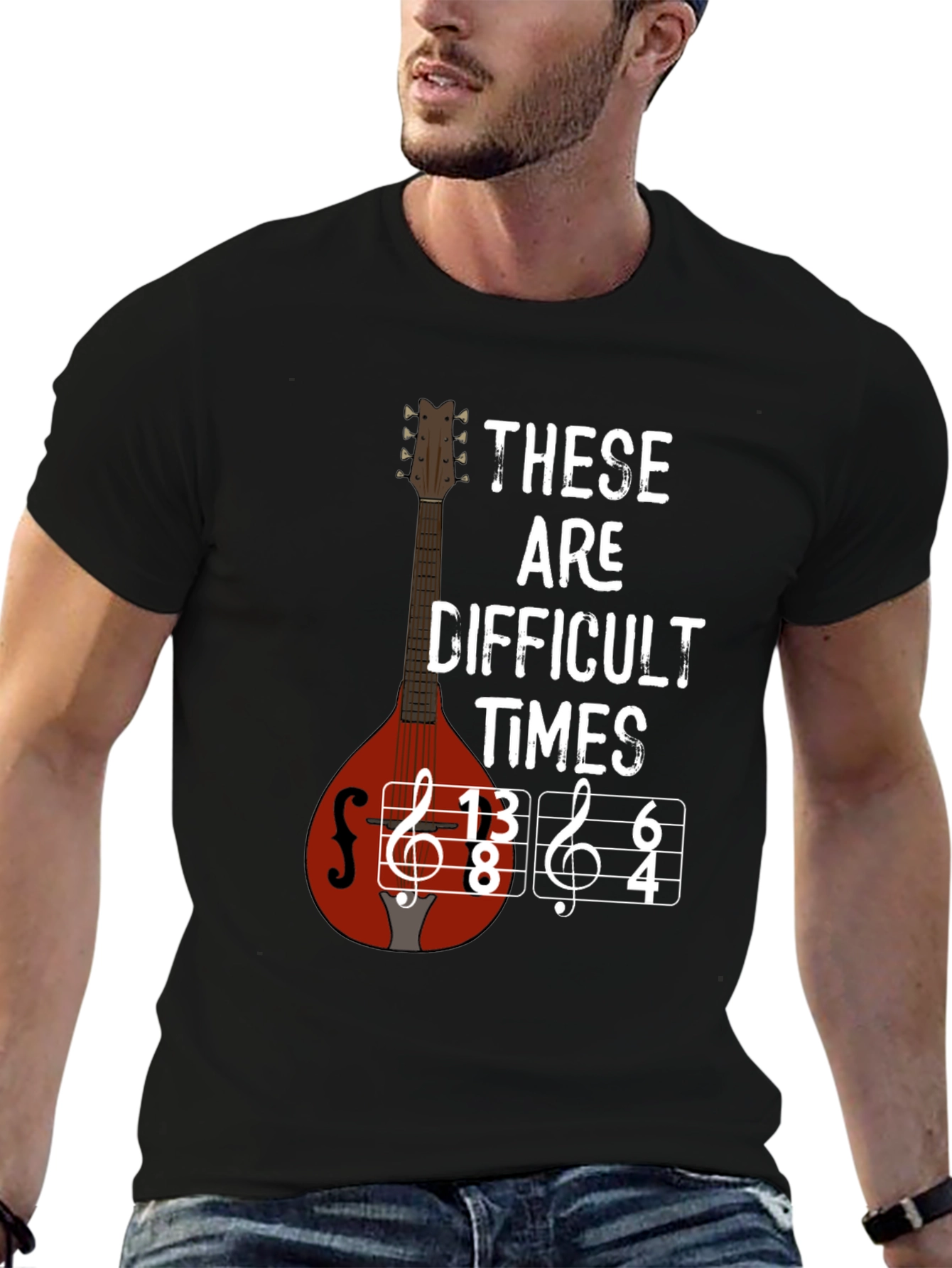 Black Difficult Times Music T-Shirt - Mandolin Graphic Tee view 6