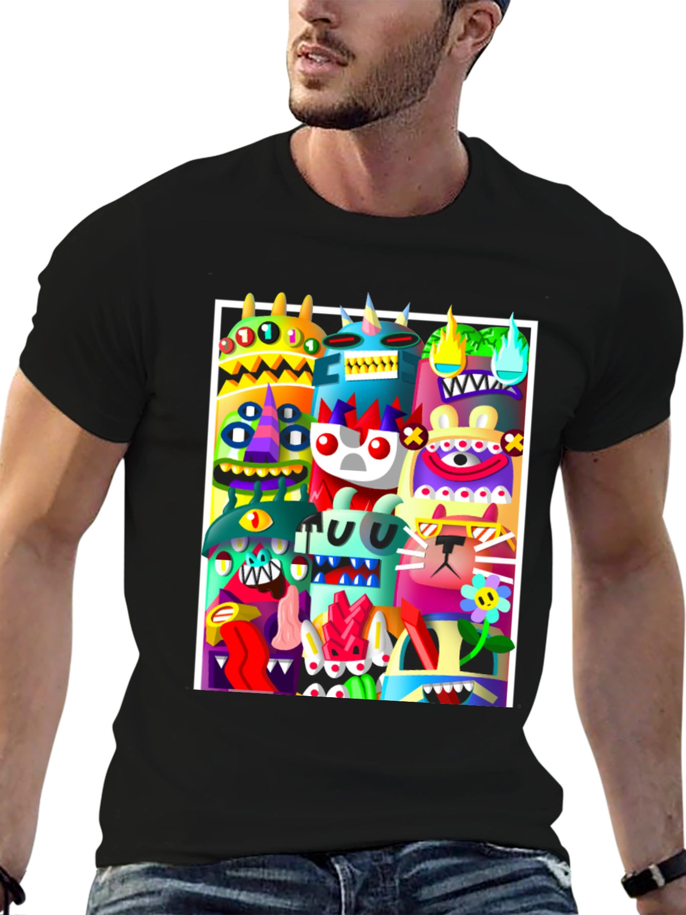 Black Colorful Cartoon Monster Graphic Print Black T-Shirt view 6