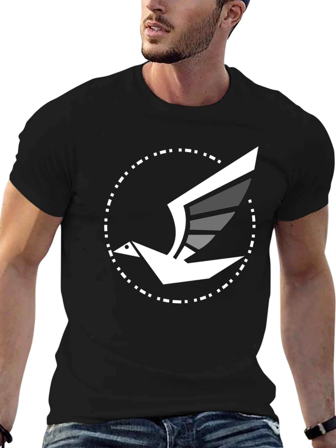 Black Modern Bird Graphic Tee - Black Cotton Blend view 6
