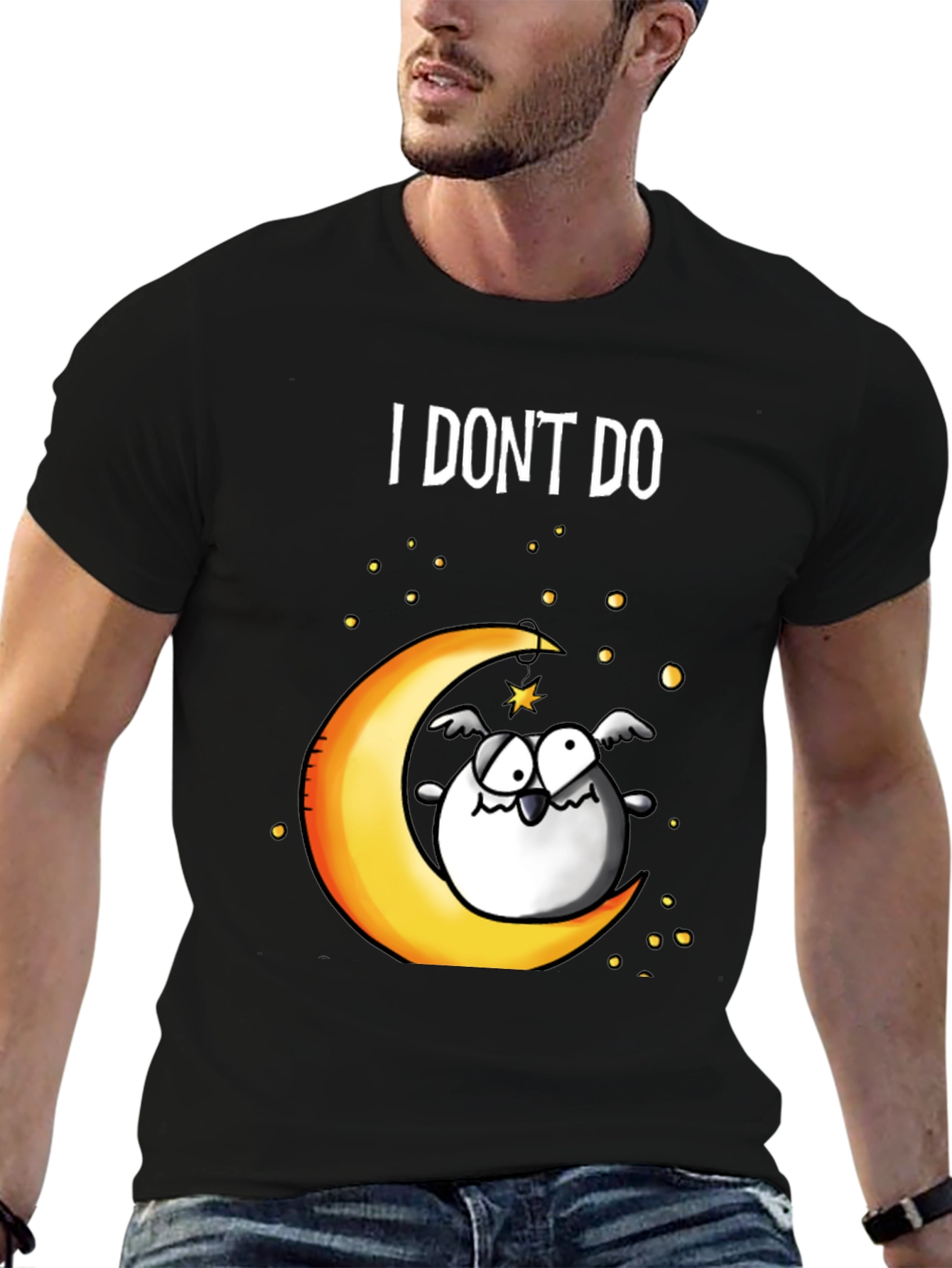 Black Funny I DON'T DO Mornings Owl on Moon T-Shirt view 6