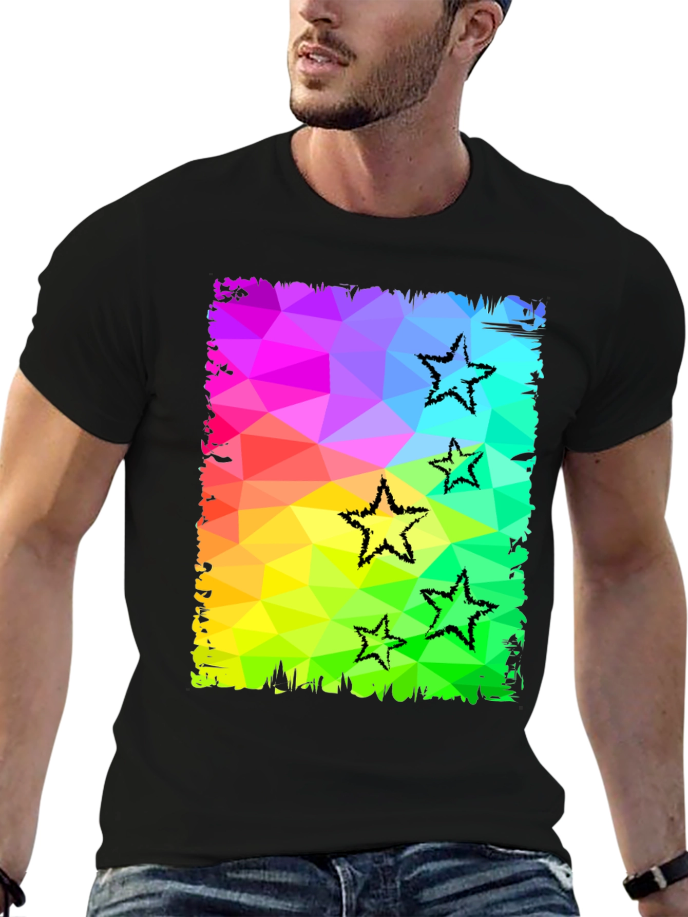 Black Geometric Star Print Black T-Shirt view 6
