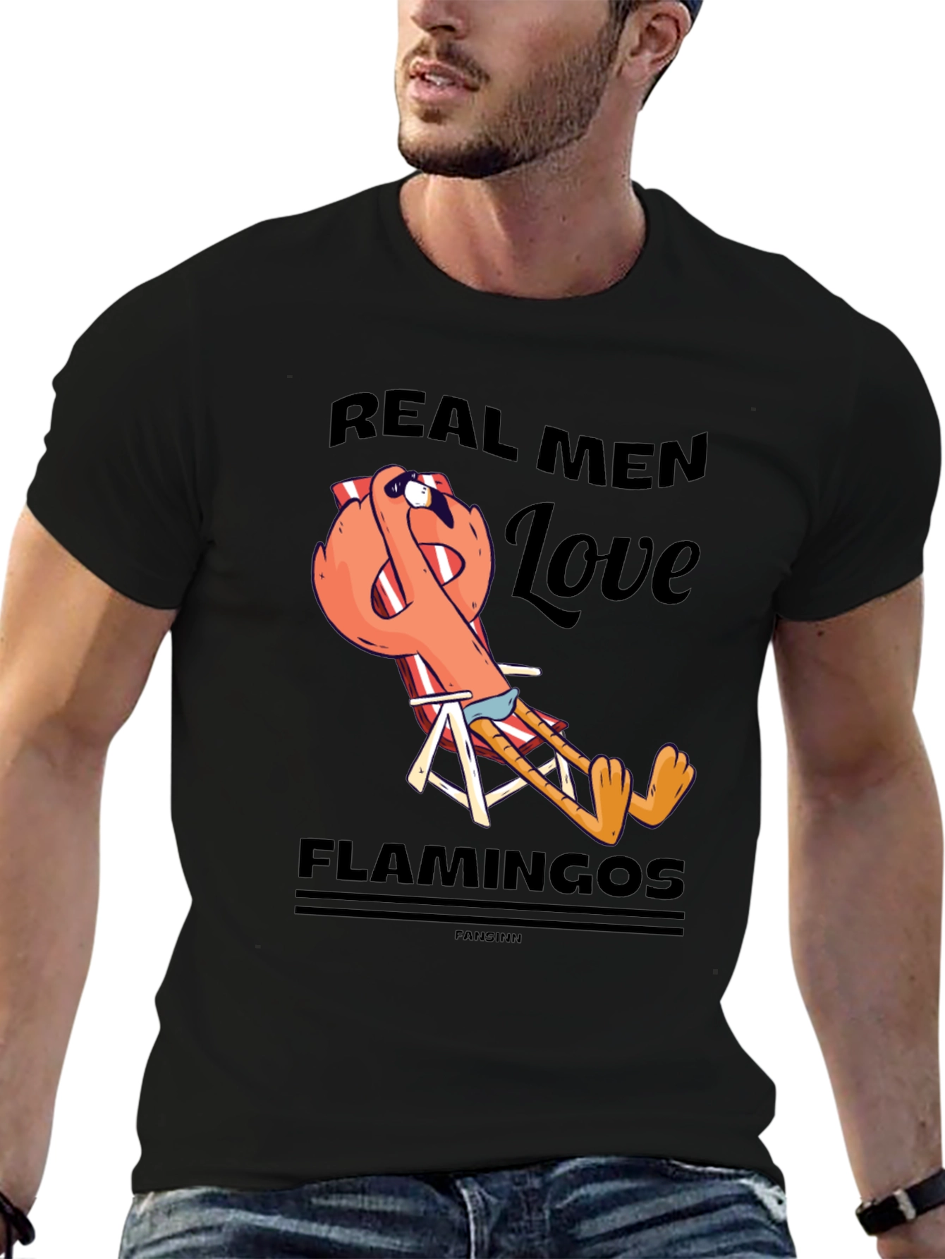 Black Real Men Love Flamingos T-Shirt view 6