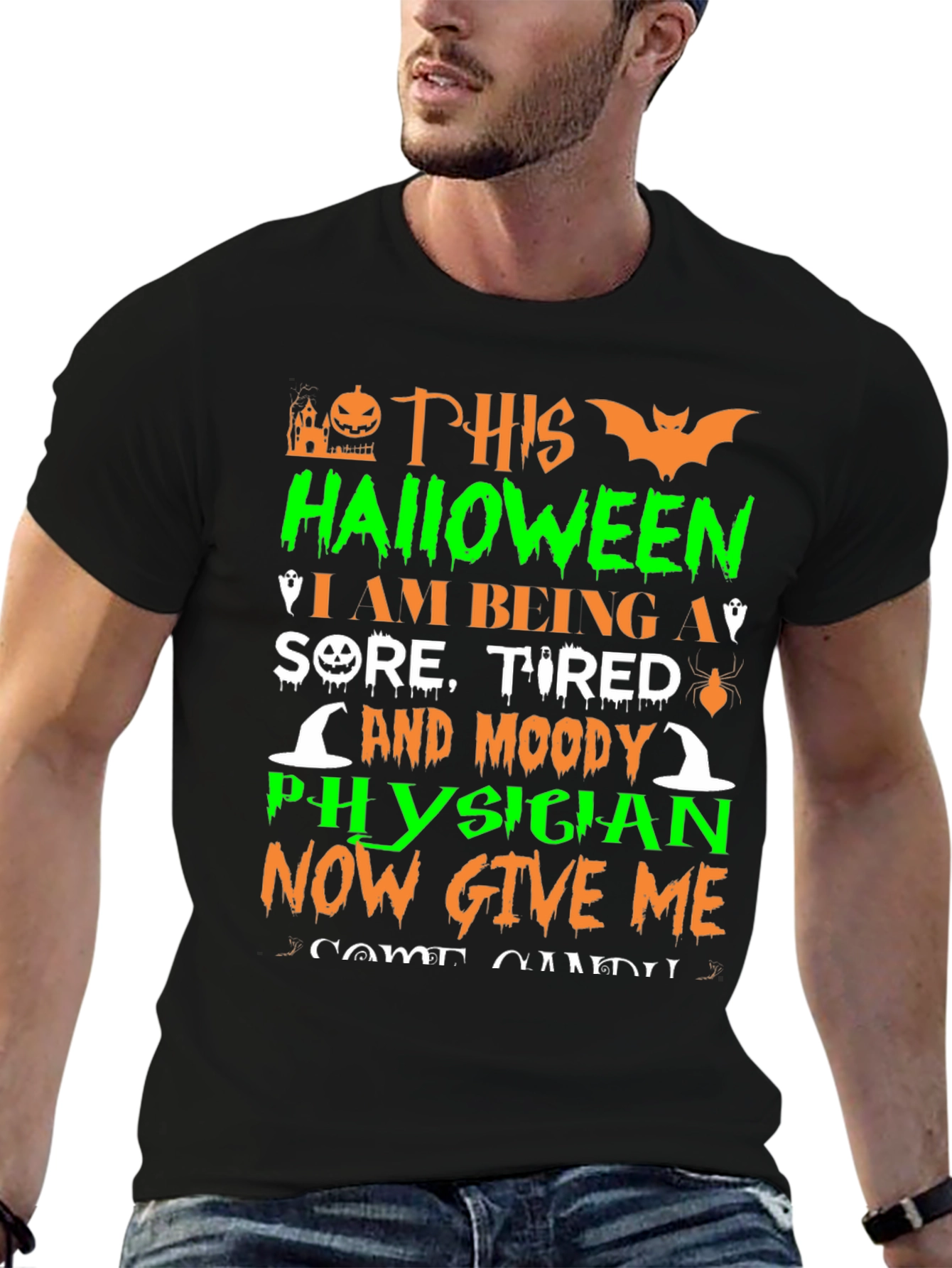 Black Halloween Physician T-Shirt: Sore, Tired & Moody view 6