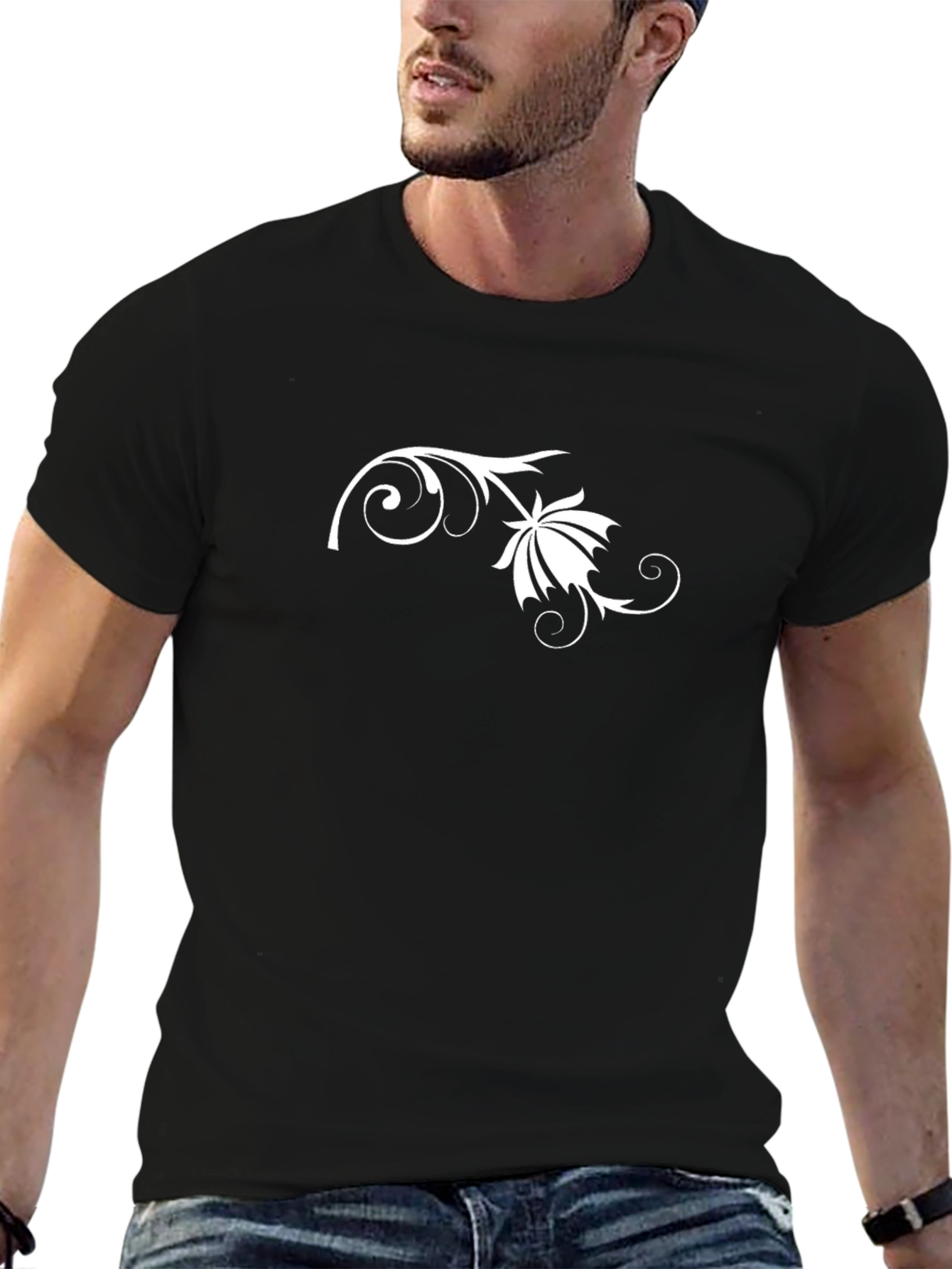 Black Black T-Shirt with White Floral Graphic Design view 6