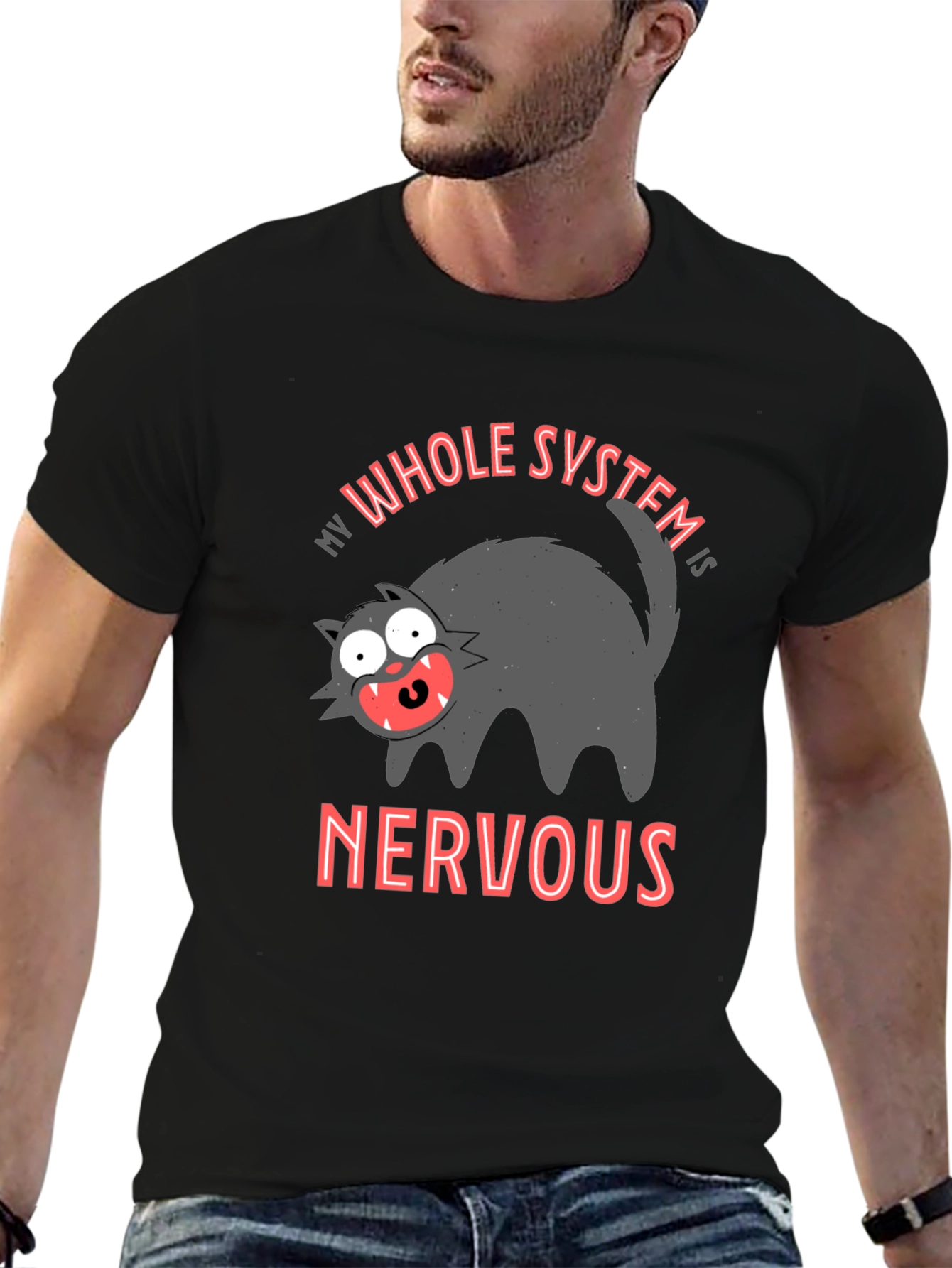 Black Nervous System Black T-Shirt - Funny Cat Graphic Tee view 6