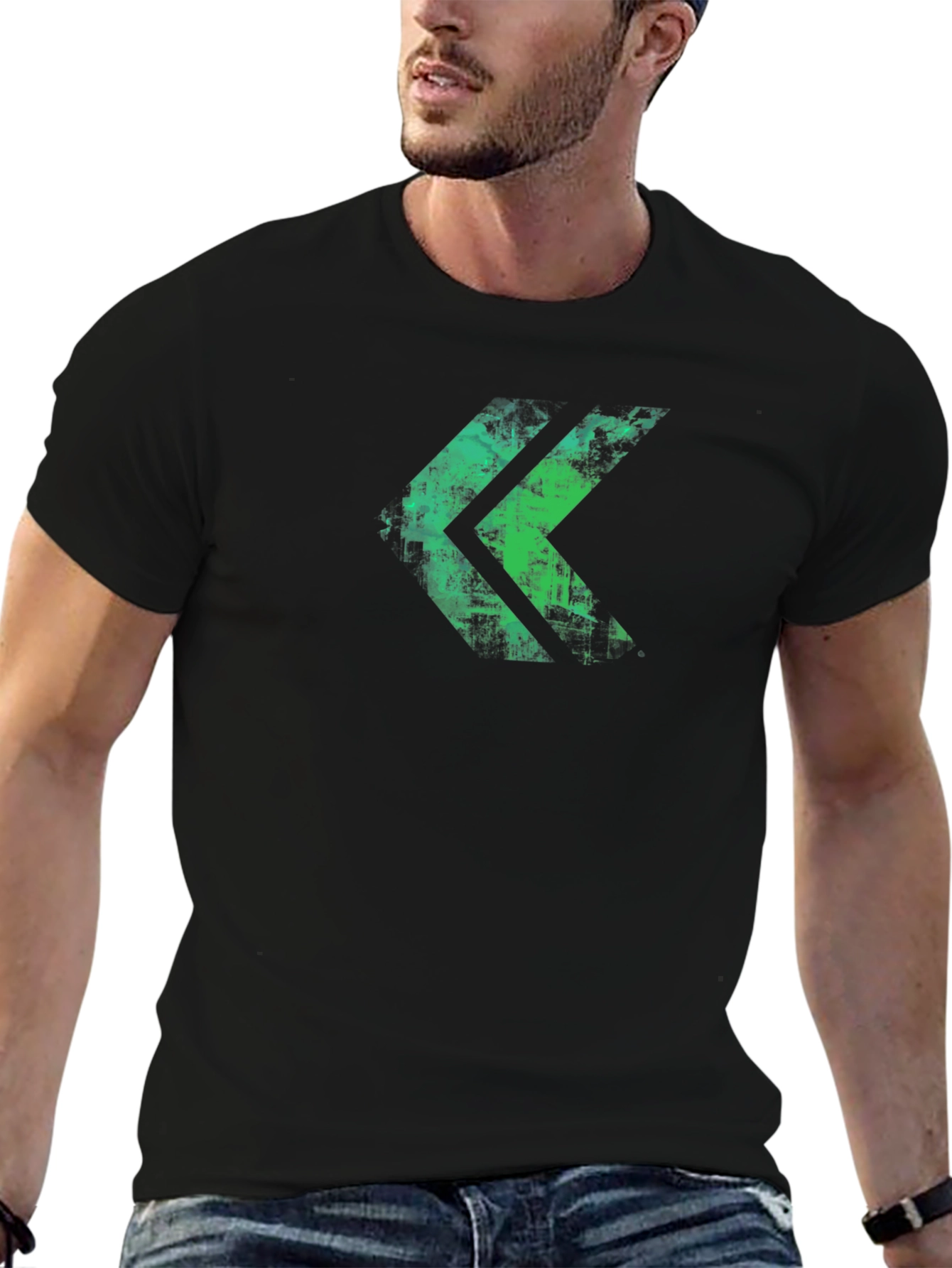 Black Distressed Green Chevron Graphic Black T-Shirt view 6