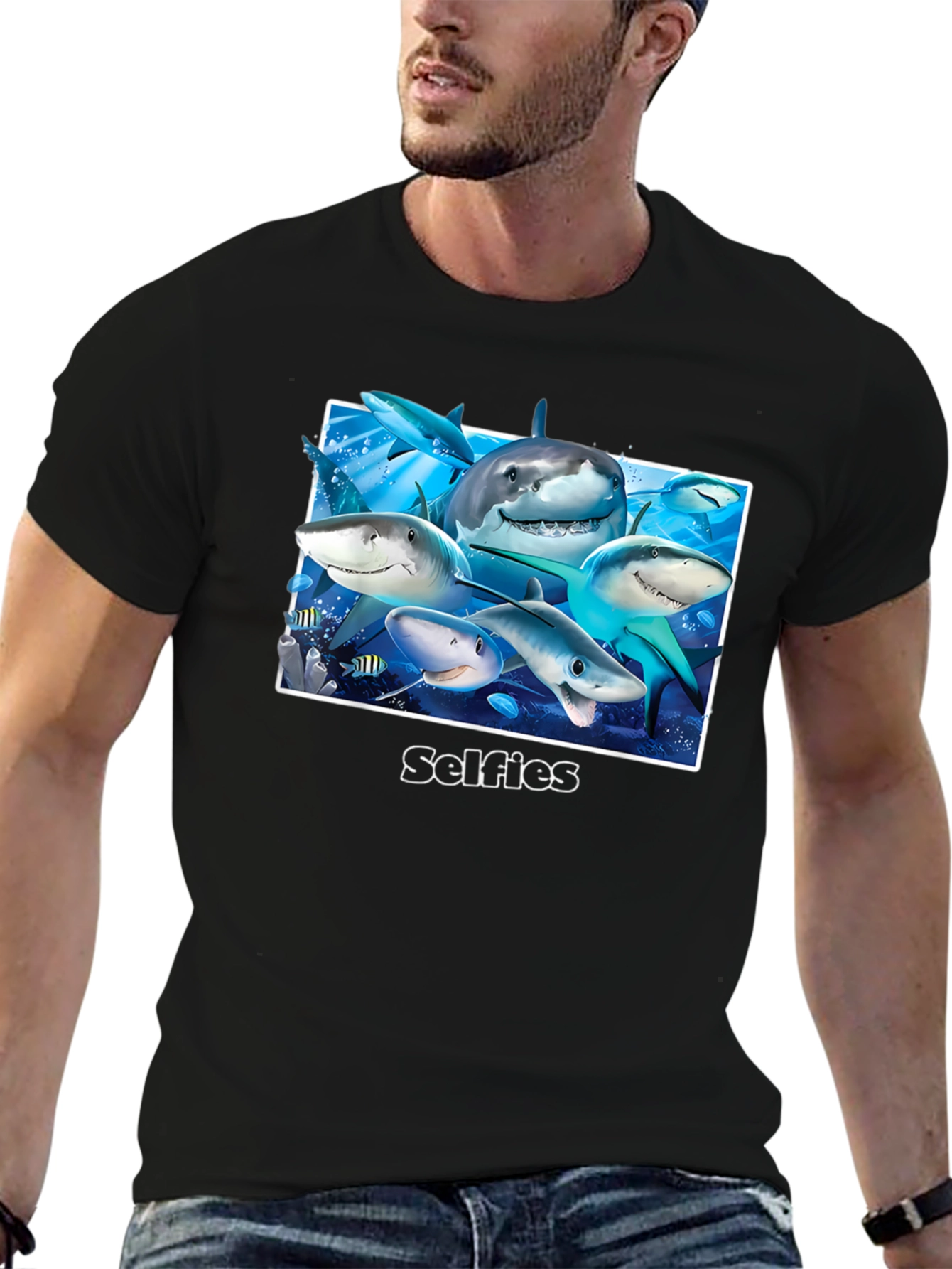 Black Shark Selfies Graphic T-Shirt - Unique Ocean Humor Tee view 6