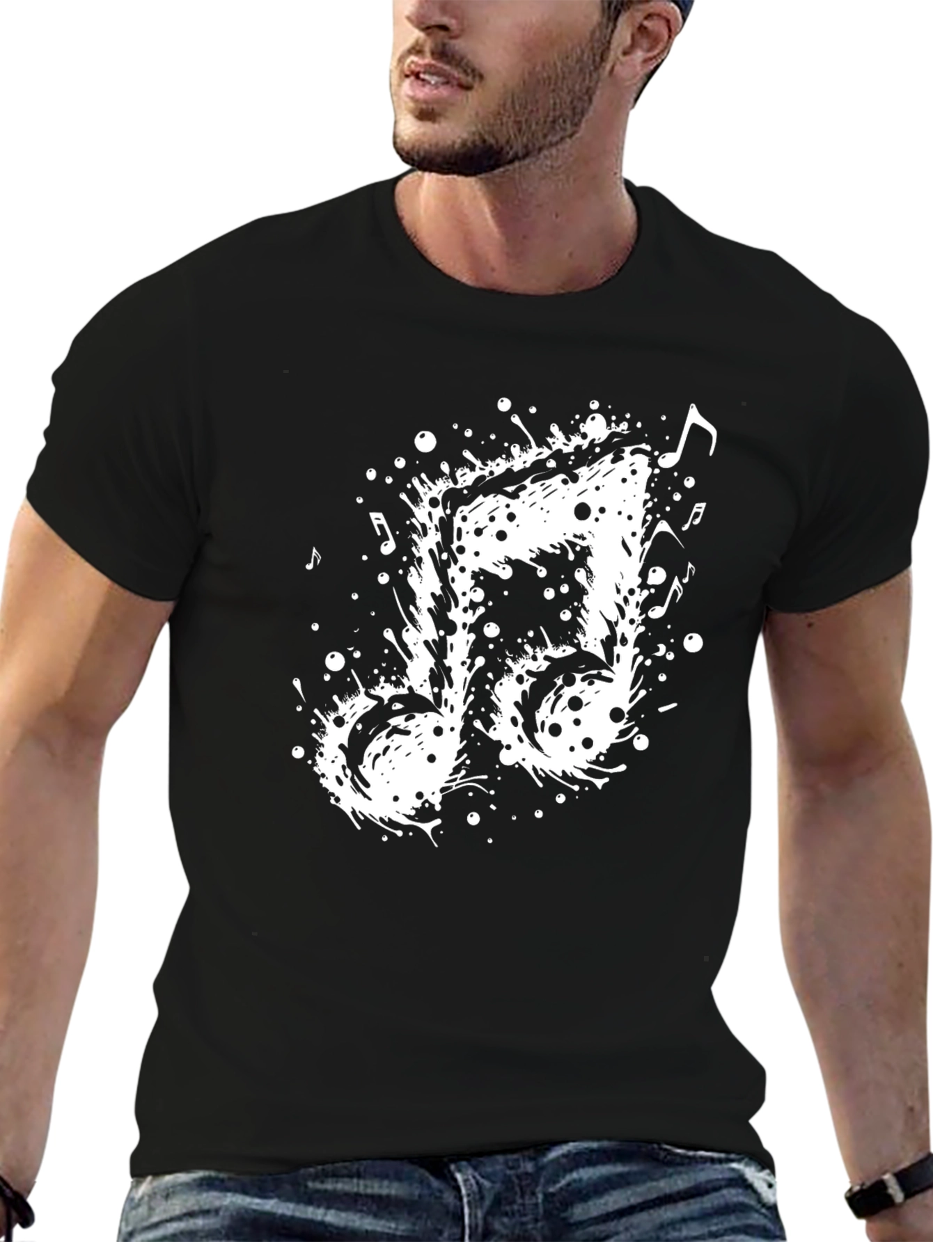 Black Musical Note Splatter Graphic Tee - Black Cotton view 6