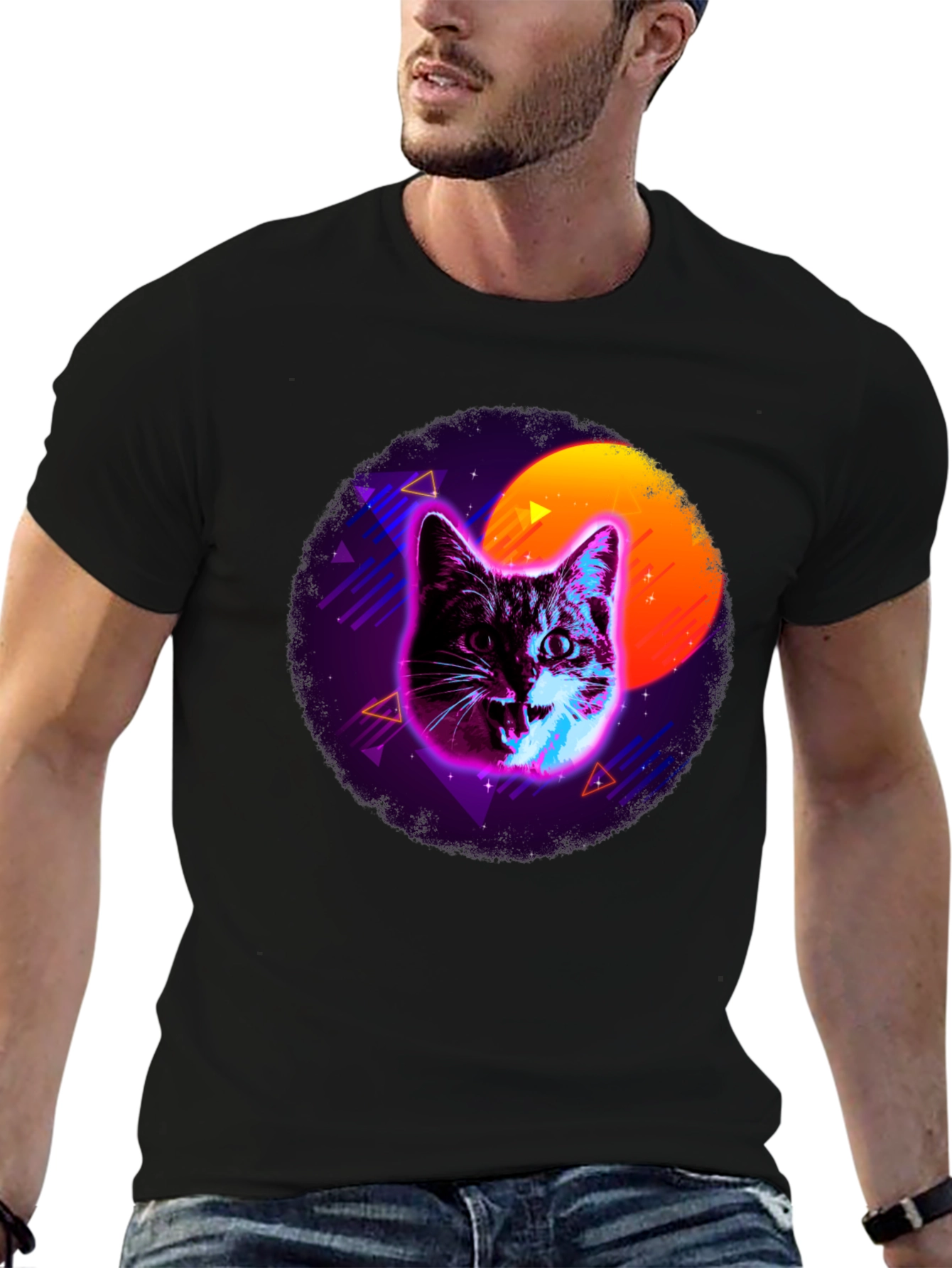 Black Retro Cat T-Shirt - Vaporwave Style view 6