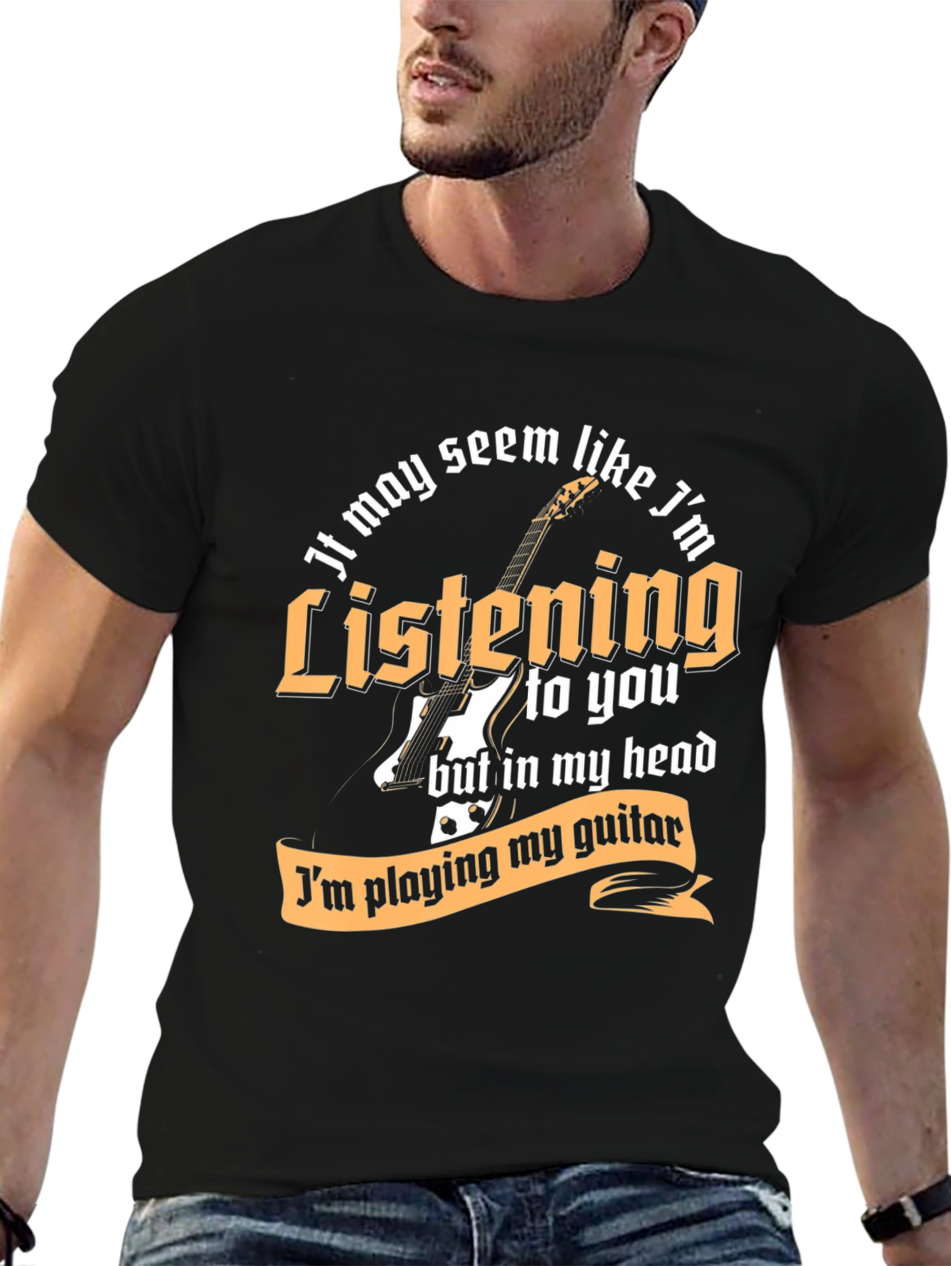 Black Guitar Player Listening Funny T-Shirt view 6