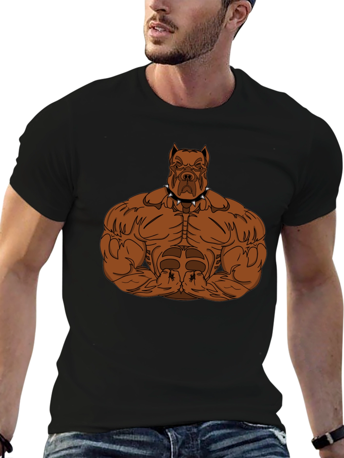 Black Muscular Dog Graphic Tee - Black Cotton T-Shirt view 6