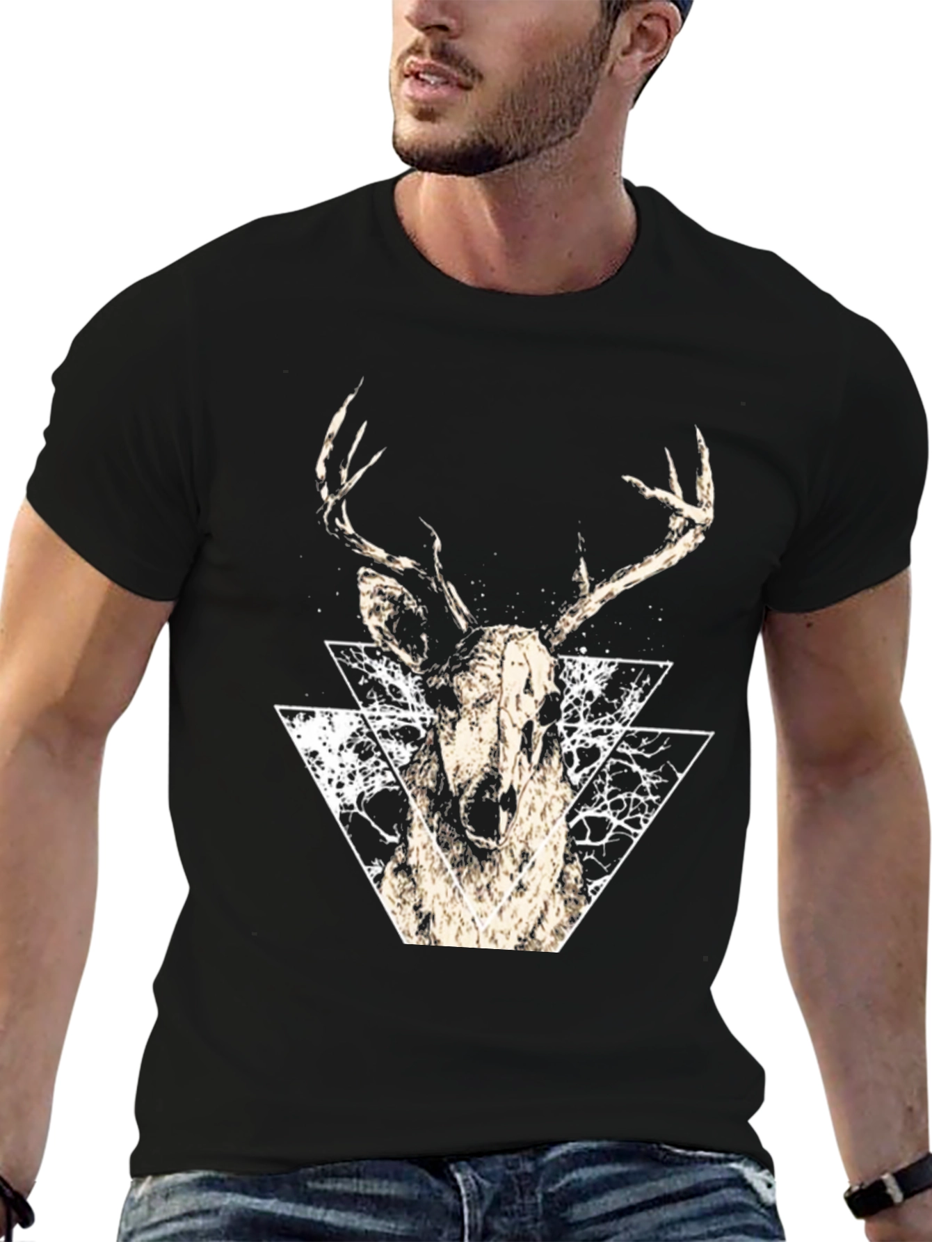 Black Geometric Deer Graphic Tee - Modern Black T-Shirt view 6