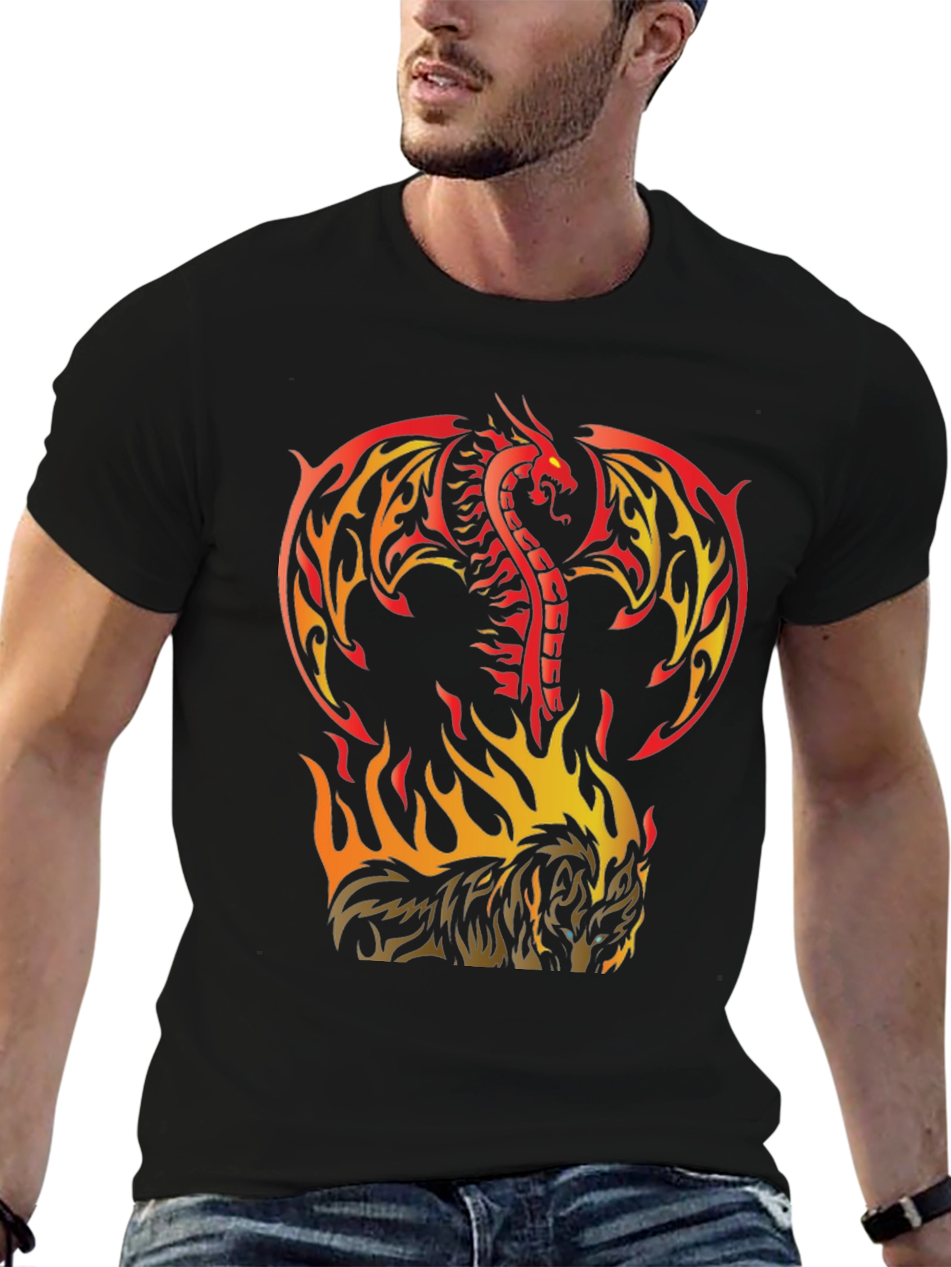 Black Fiery Dragon & Wolf Graphic Black T-Shirt view 6