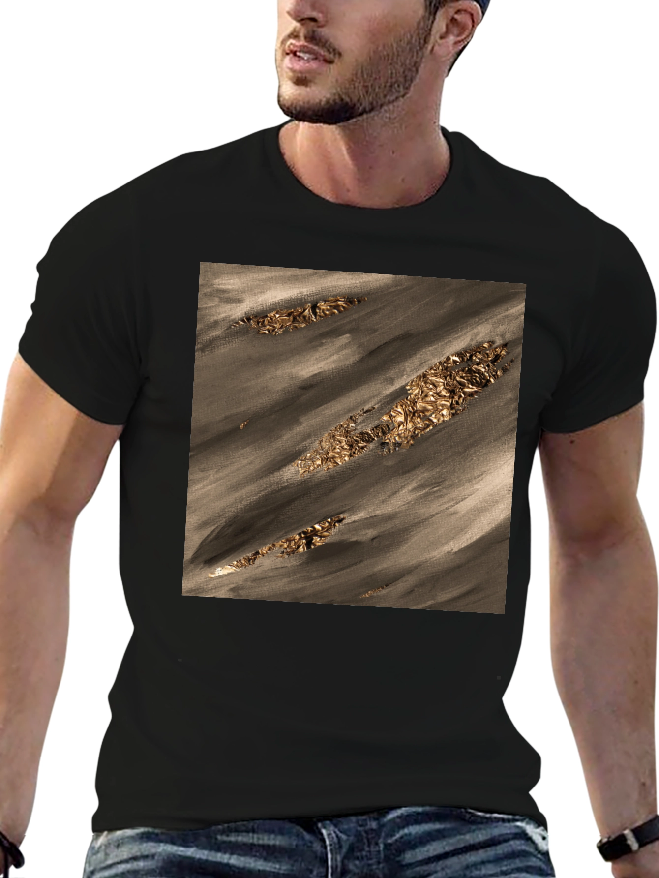 Black Abstract Gold Foil Art Black T-Shirt view 6