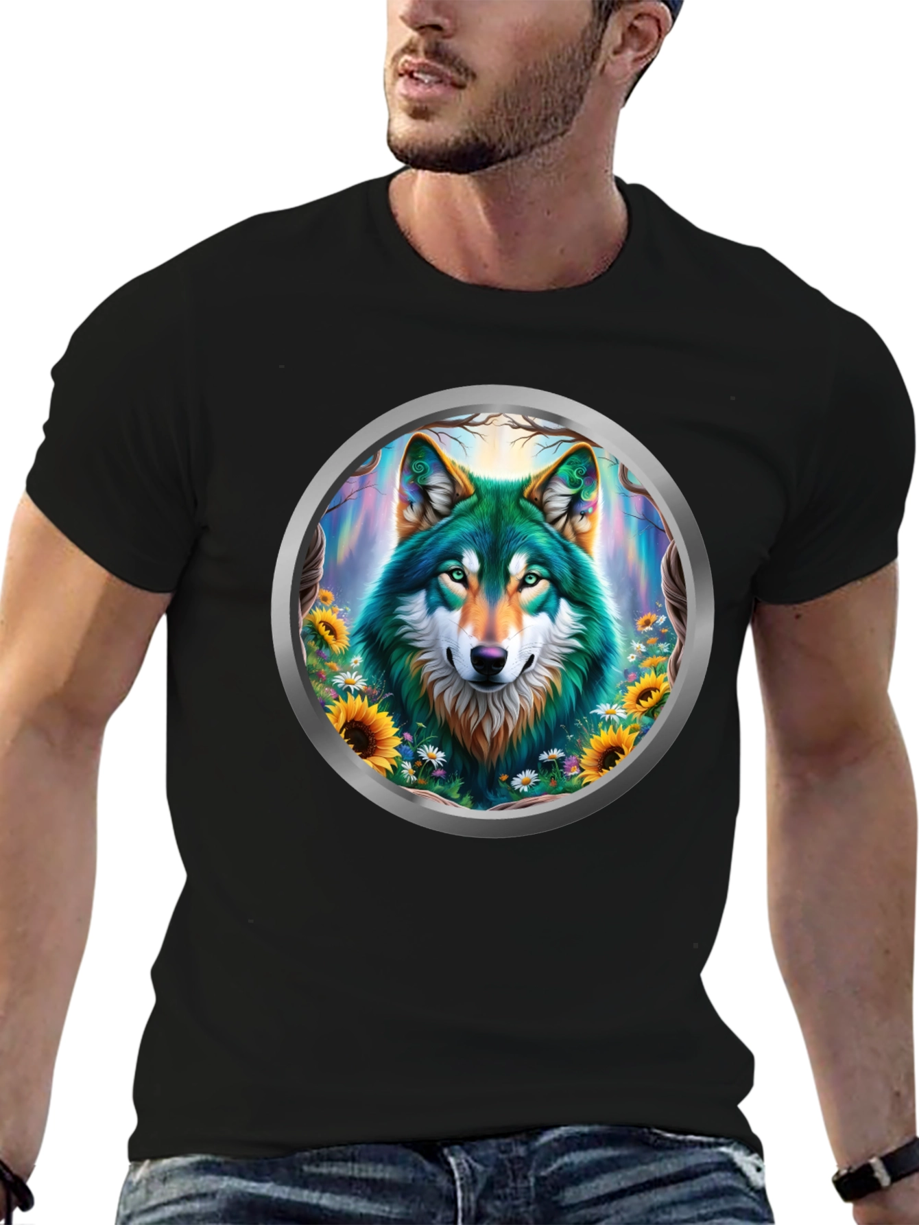 Black Wolf Circle Graphic T-Shirt - Nature Art view 6