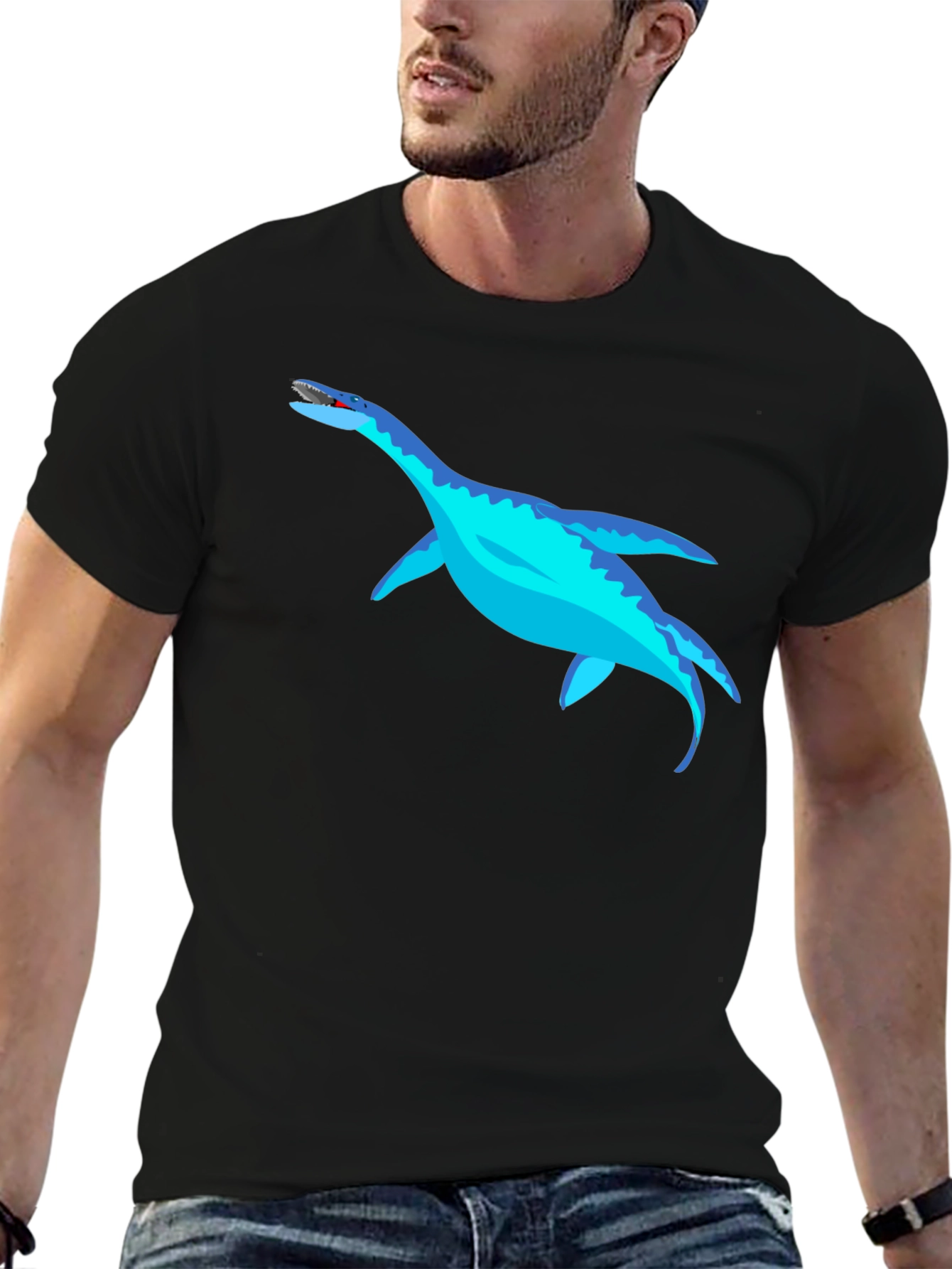 Black Cool Plesiosaur Graphic Tee - Black Cotton T-Shirt view 6