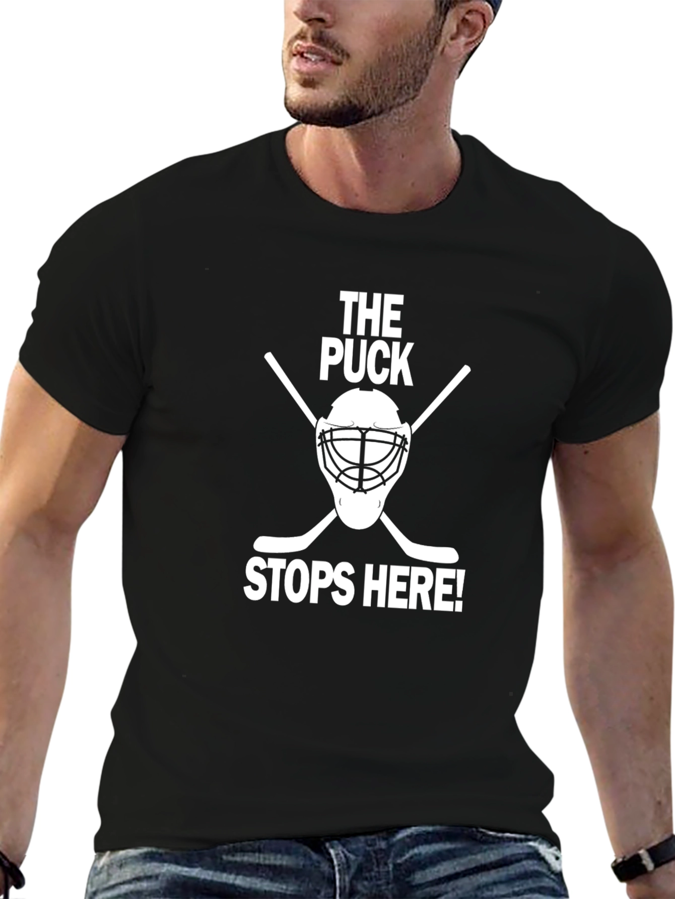 Black The Puck Stops Here Hockey T-Shirt view 6