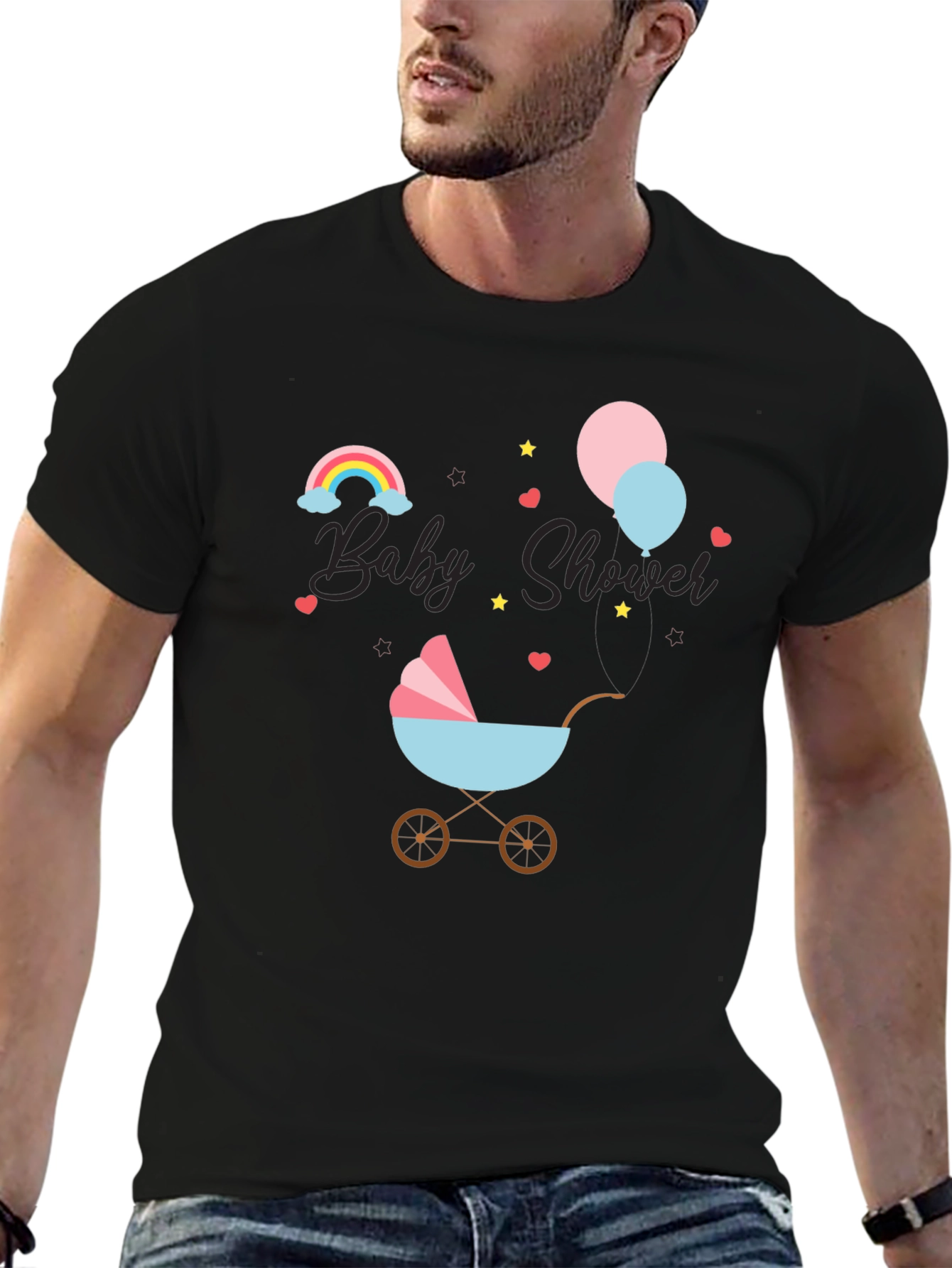 Black Baby Shower T-Shirt with Rainbow & Stroller Design view 6