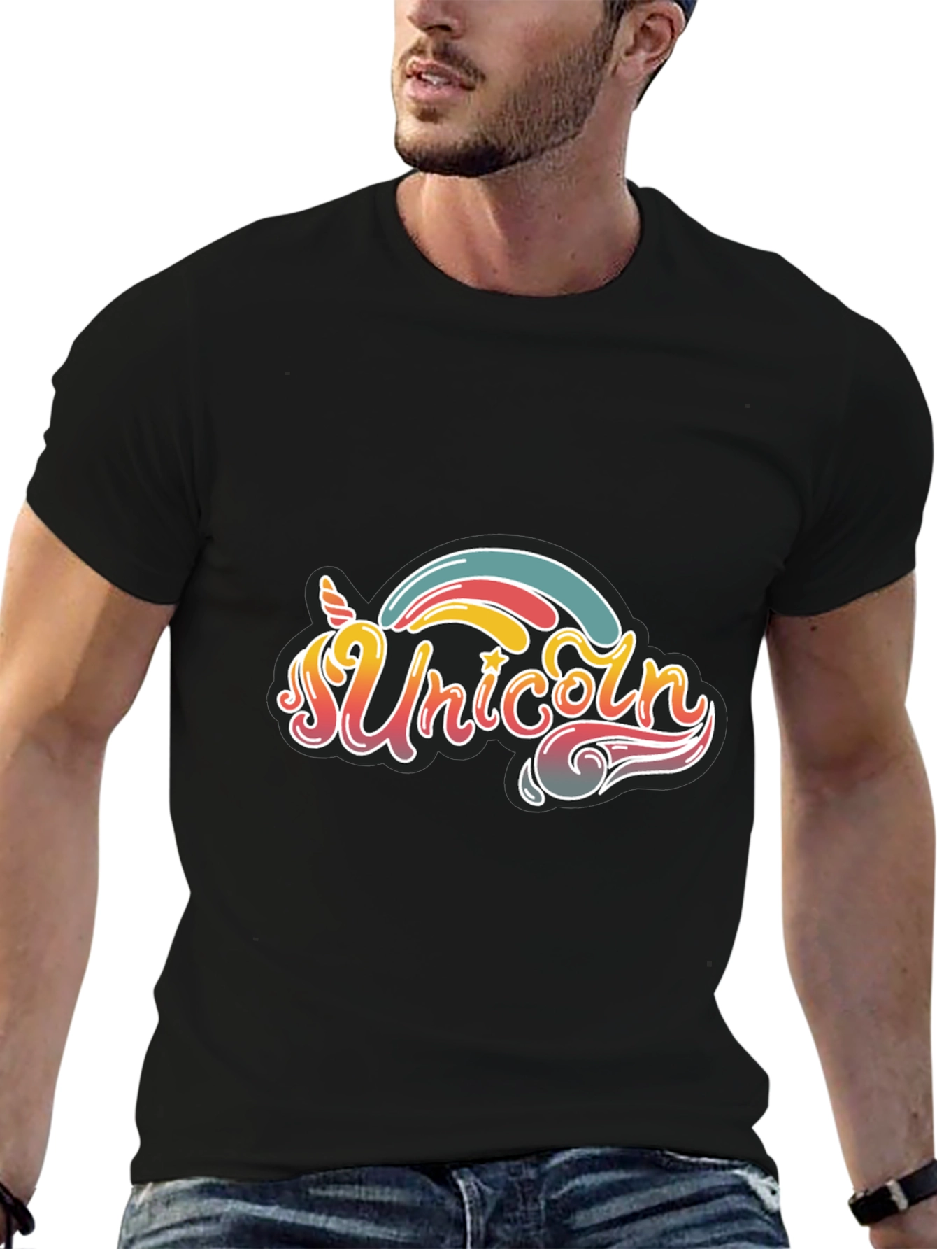 Black Unicorn Rainbow Graphic Tee - Black Cotton T-Shirt view 6