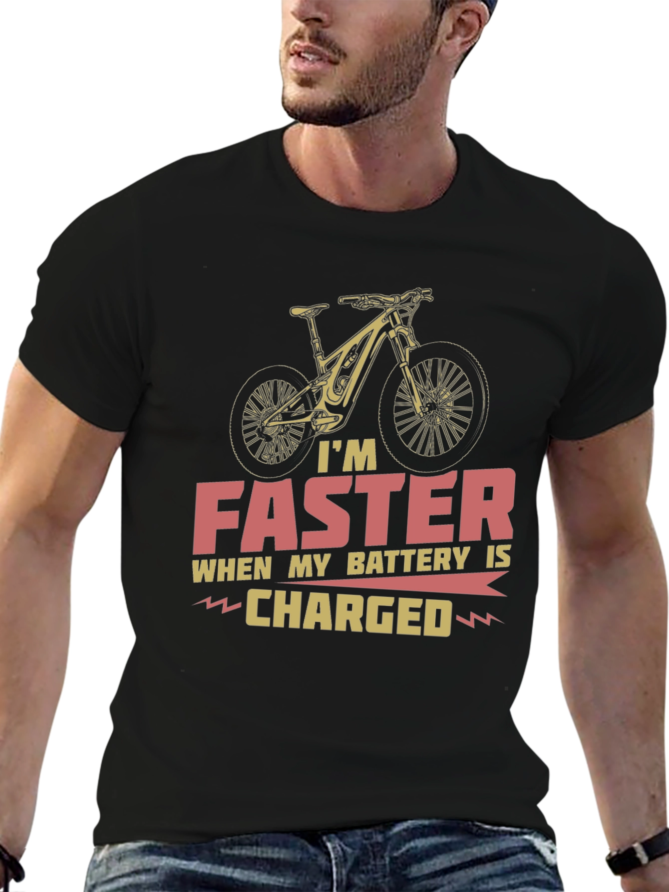 Black Faster When Charged T-Shirt - Electric Bike Design view 6