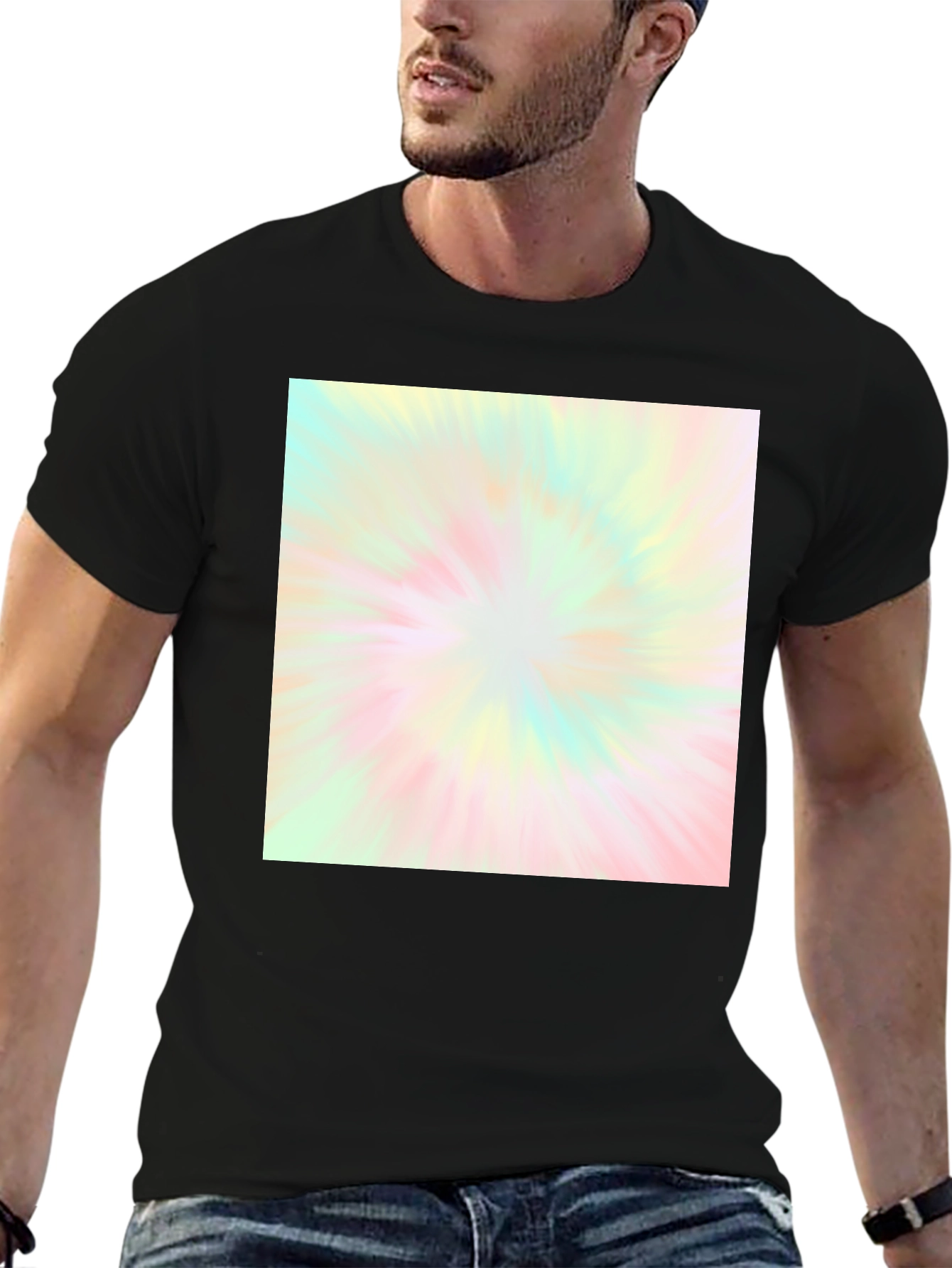 Black Unisex Black T-Shirt with Pastel Tie-Dye Burst Design view 6