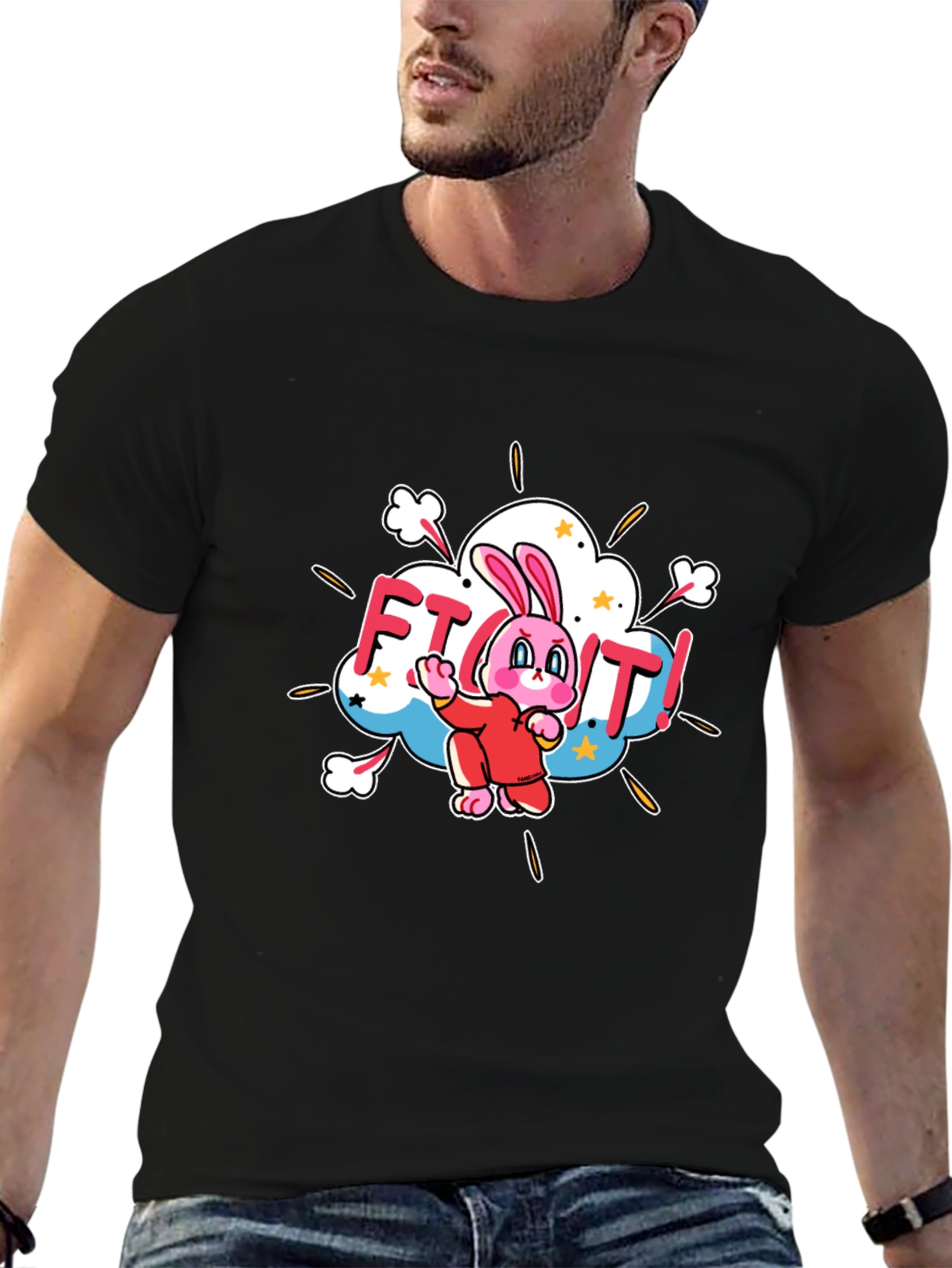Black Fight! Bunny T-Shirt - Black Cotton Tee view 6