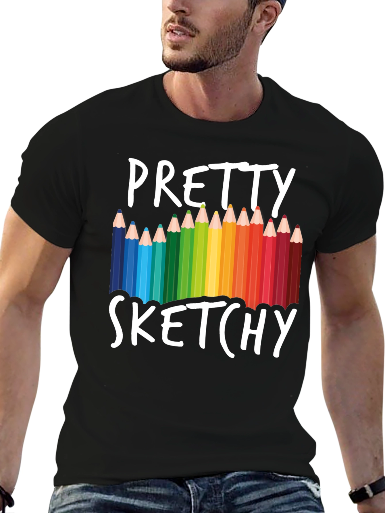 Black Pretty Sketchy T-Shirt, Colorful Pencil Design Tee view 6