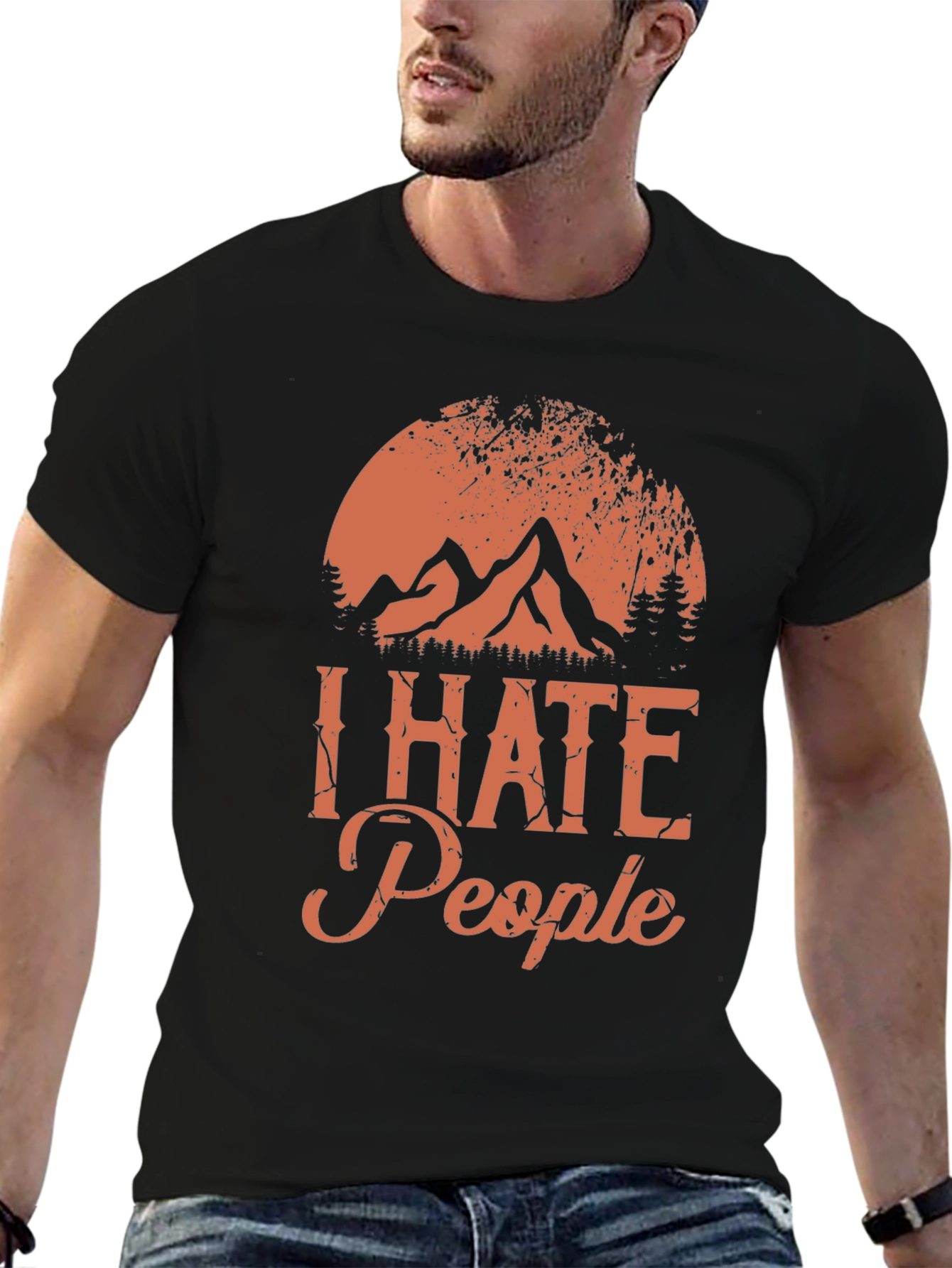 Black I Hate People Graphic Tee - Mountain Sunset Design view 6