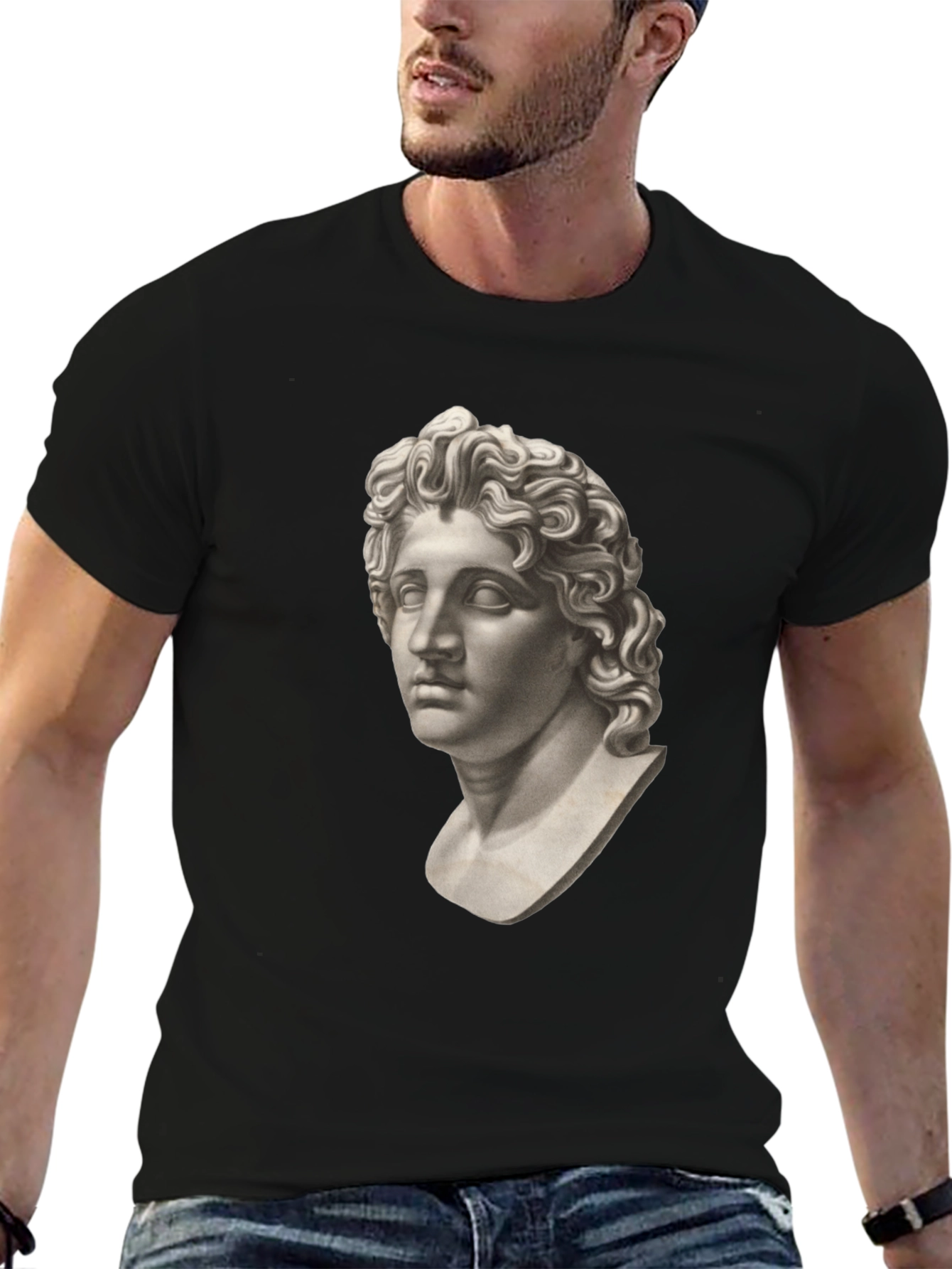 Black Statue Head Graphic Tee - Classic Black Cotton T-Shirt view 6