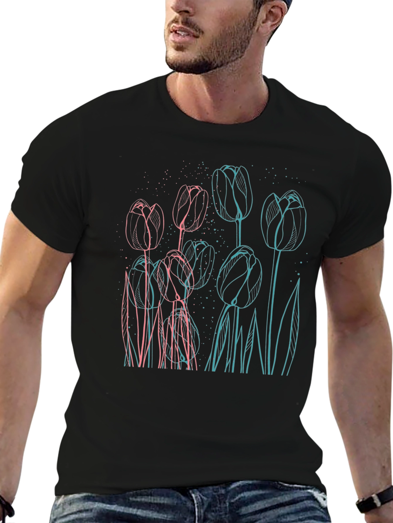 Black Floral Outline Graphic Tee - Modern Style view 6