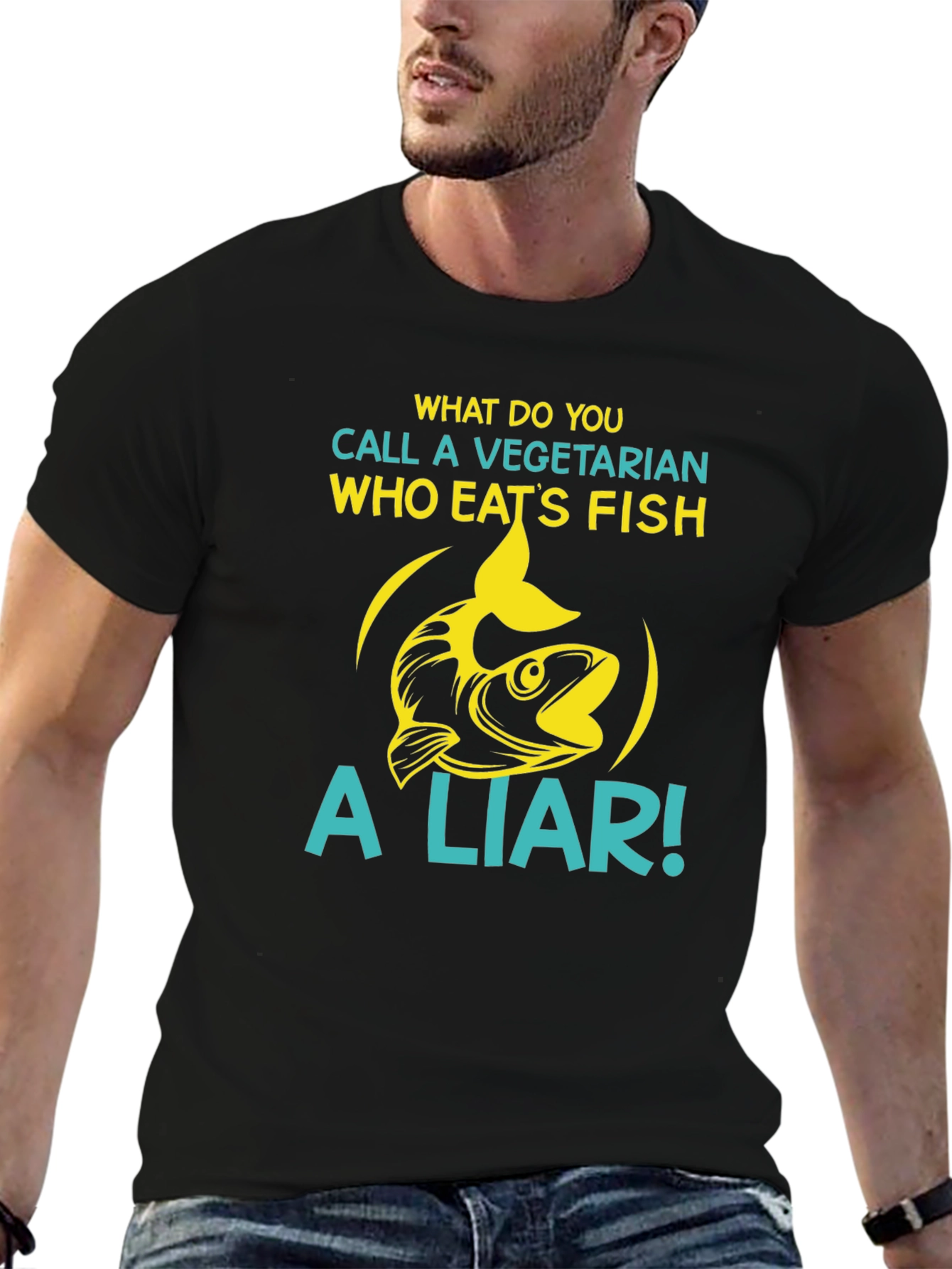 Black Funny Vegetarian Fish Lover T-Shirt view 6